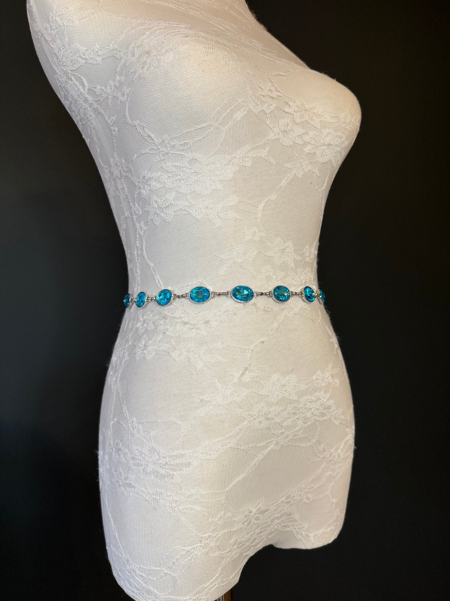 X-Long Belt, Turquoise Blue Jewel Rhinestone Belt, Silver Chain Belt, Vintage Style Belt, Diamante Belt, Fashion Belt, Elegant,Swimwear Belt