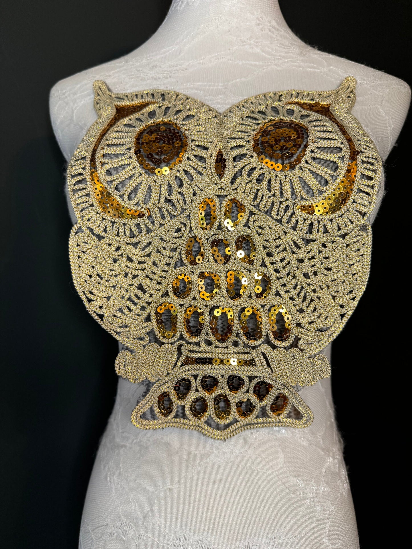 Lurex Motif, Owl, Motif, Sew on, Sequins, Crafts, Furnishings, Bags, Clothing, Costume, Fashion, Gold, Black,
