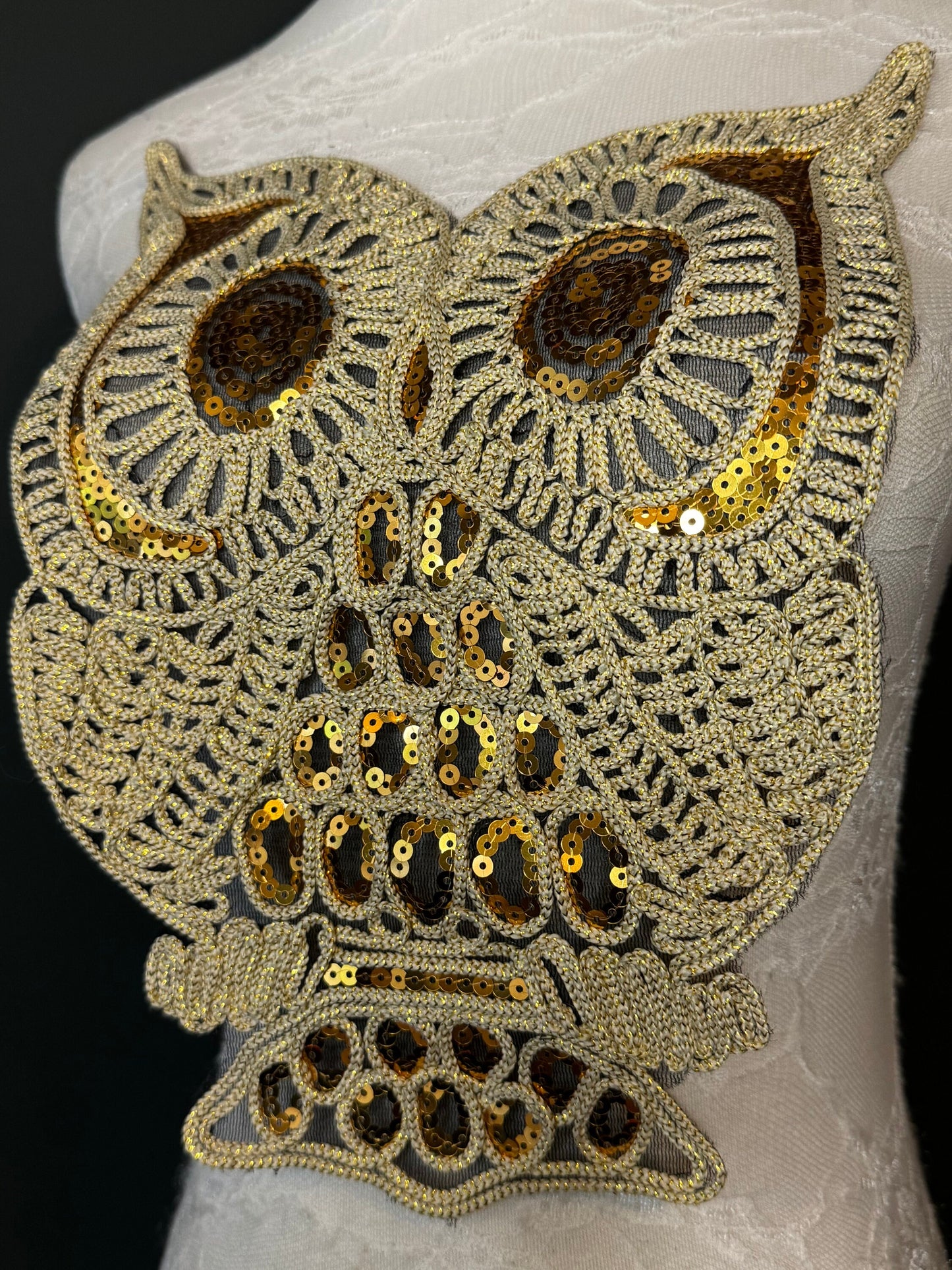 Lurex Motif, Owl, Motif, Sew on, Sequins, Crafts, Furnishings, Bags, Clothing, Costume, Fashion, Gold, Black,