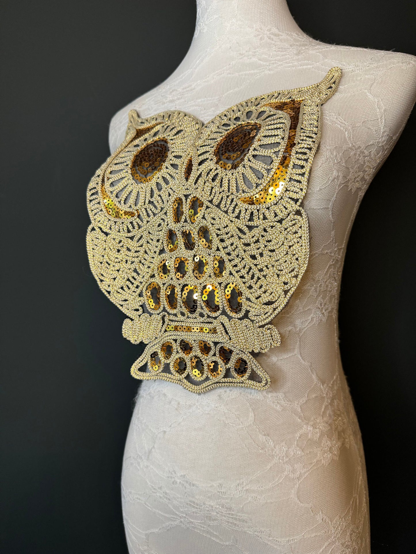 Lurex Motif, Owl, Motif, Sew on, Sequins, Crafts, Furnishings, Bags, Clothing, Costume, Fashion, Gold, Black,