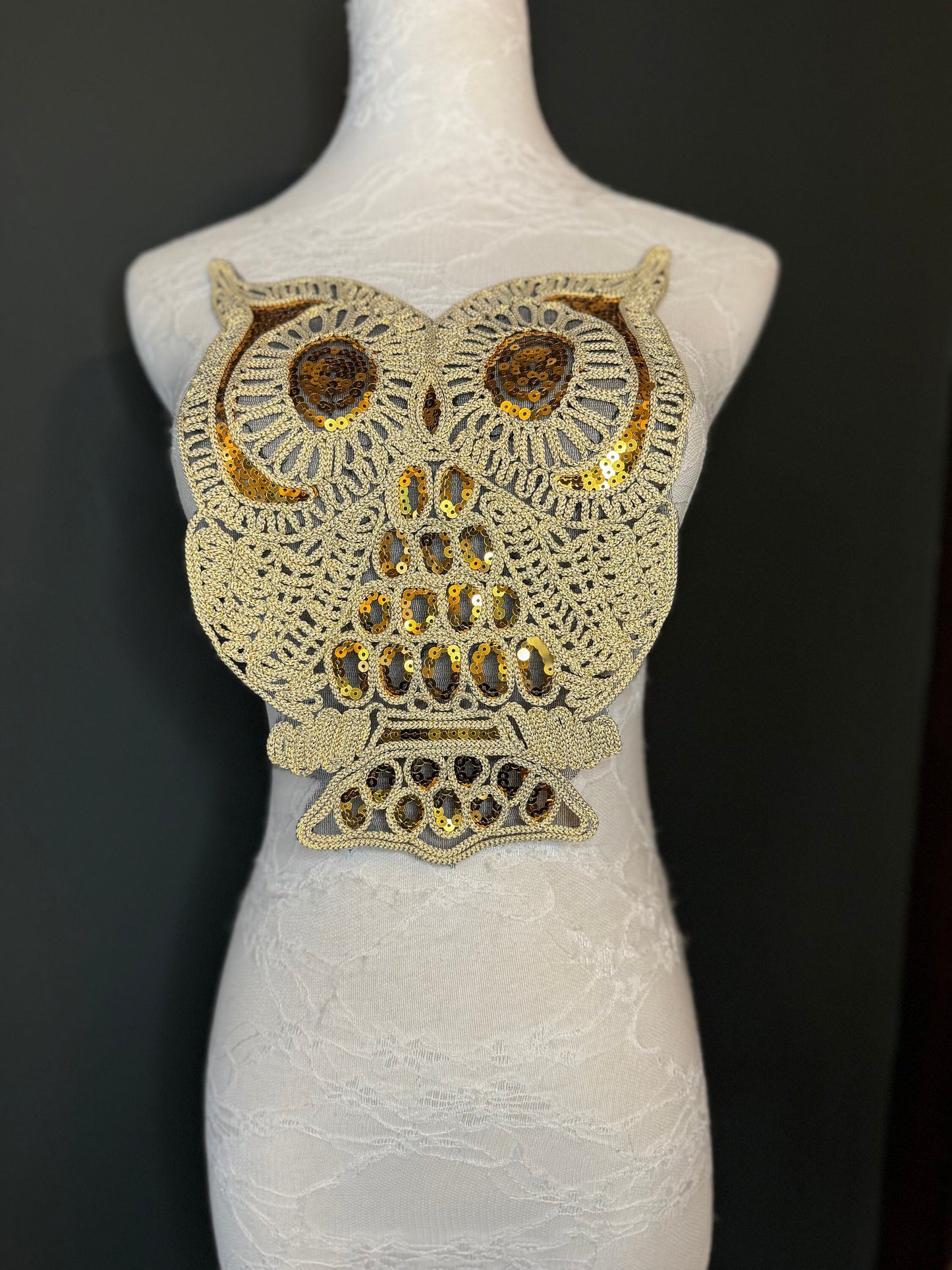 Lurex Motif, Owl, Motif, Sew on, Sequins, Crafts, Furnishings, Bags, Clothing, Costume, Fashion, Gold, Black,