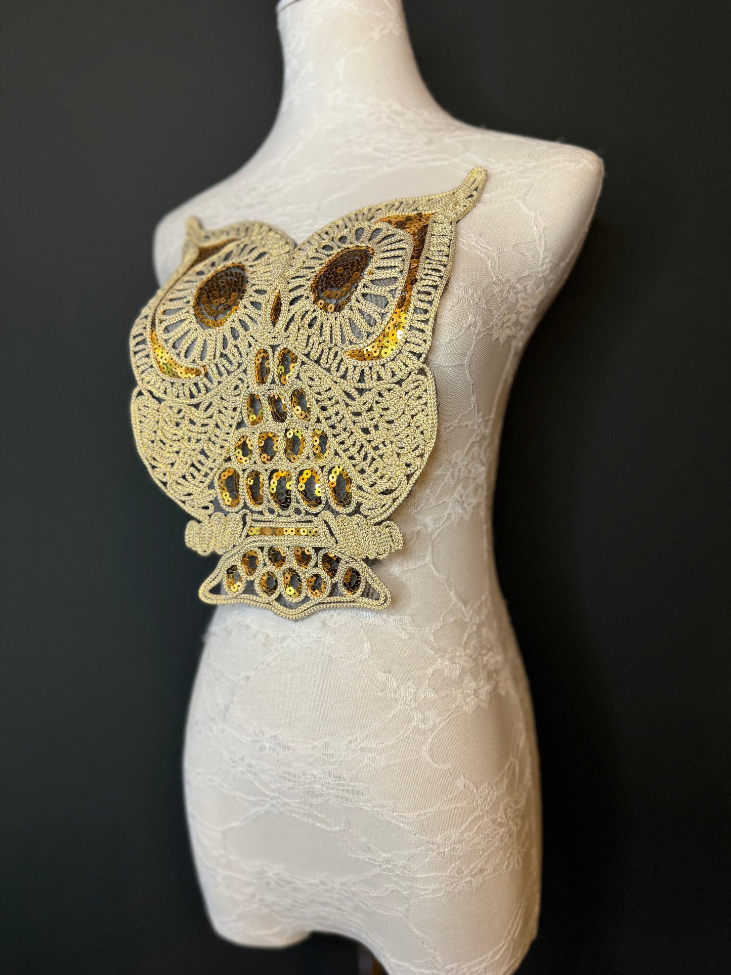 Lurex Motif, Owl, Motif, Sew on, Sequins, Crafts, Furnishings, Bags, Clothing, Costume, Fashion, Gold, Black,