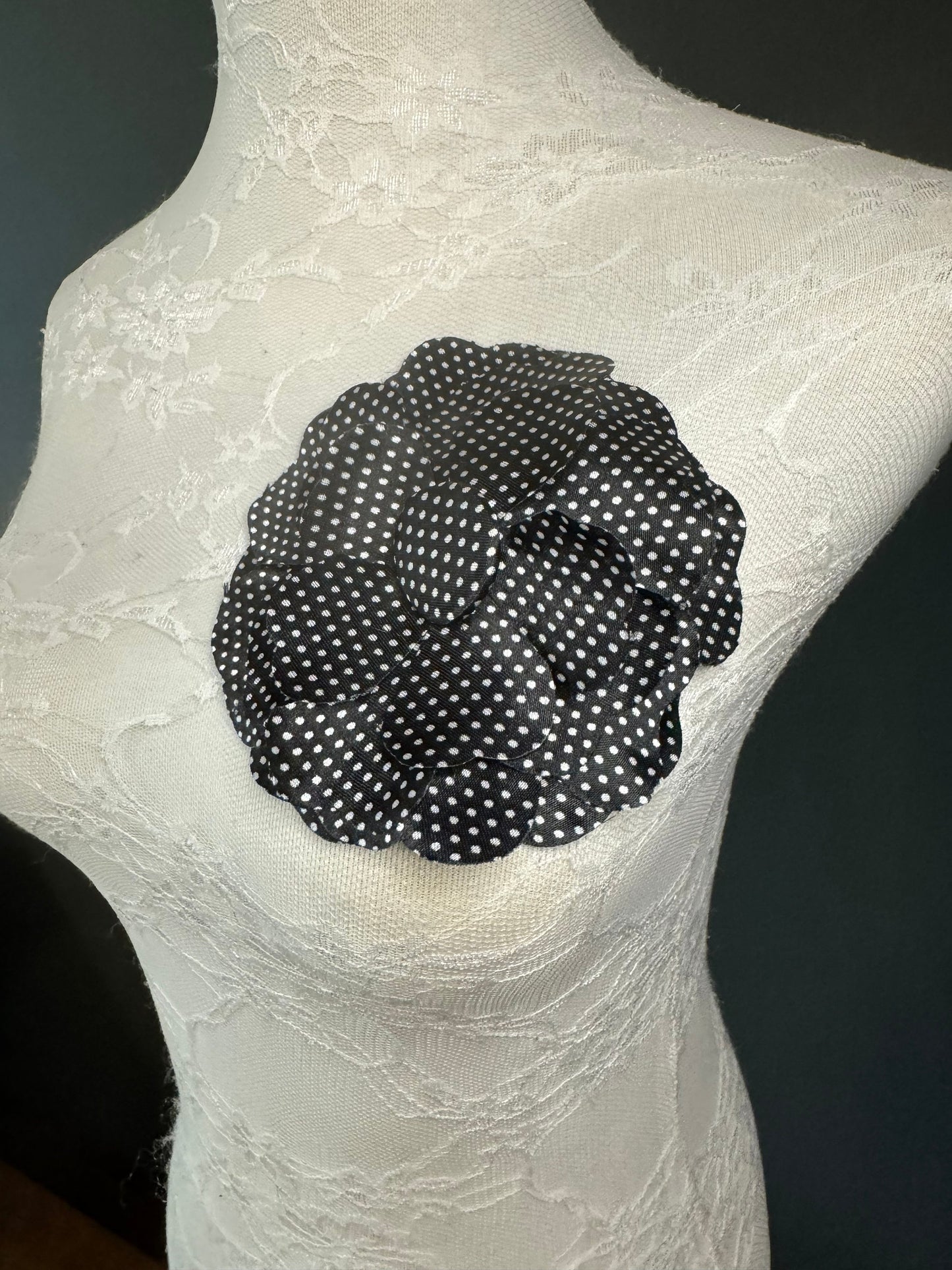 Corsage Flower, Pin on, Black White Spot, 5” Wide, Satin Fabric Pin on Corsage, Bridal, Clothing, Accessory, Fashion, Gift, FAN Design