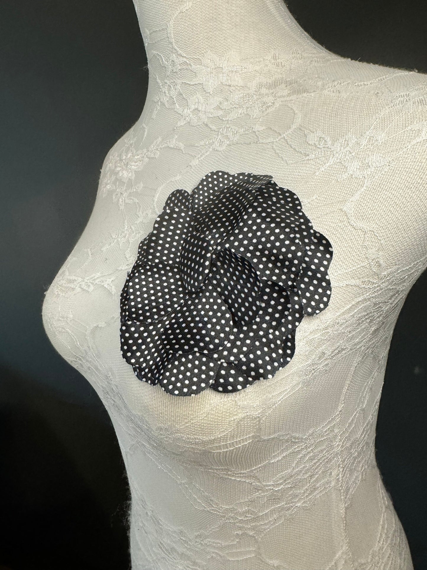 Corsage Flower, Pin on, Black White Spot, 5” Wide, Satin Fabric Pin on Corsage, Bridal, Clothing, Accessory, Fashion, Gift, FAN Design