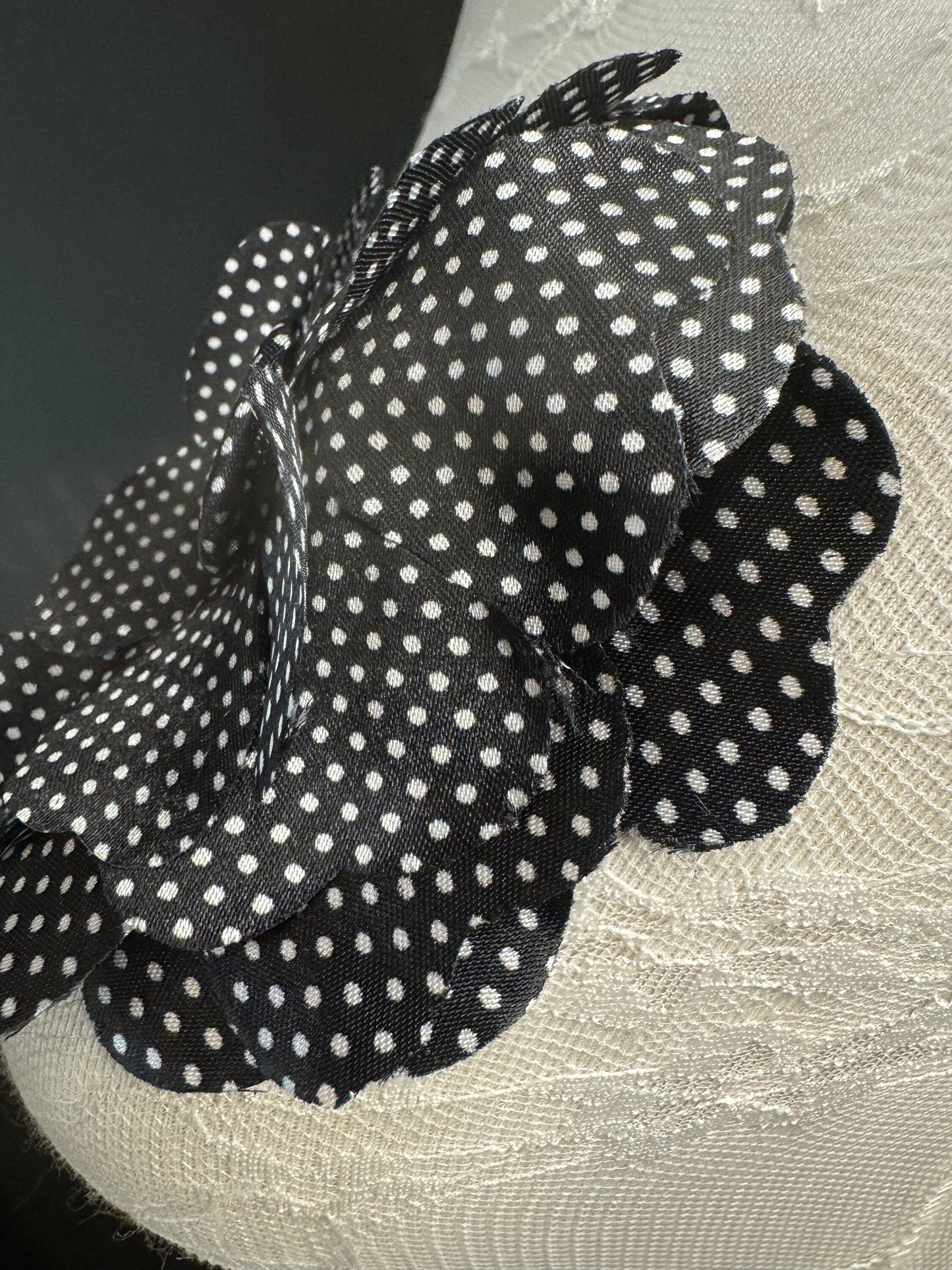 Corsage Flower, Pin on, Black White Spot, 5” Wide, Satin Fabric Pin on Corsage, Bridal, Clothing, Accessory, Fashion, Gift, FAN Design
