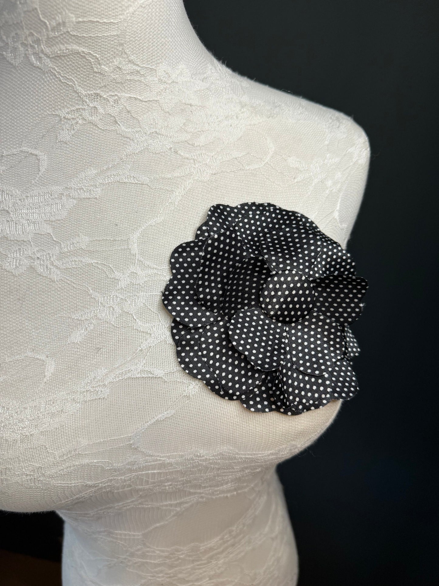 Corsage Flower, Pin on, Black White Spot, 5” Wide, Satin Fabric Pin on Corsage, Bridal, Clothing, Accessory, Fashion, Gift, FAN Design
