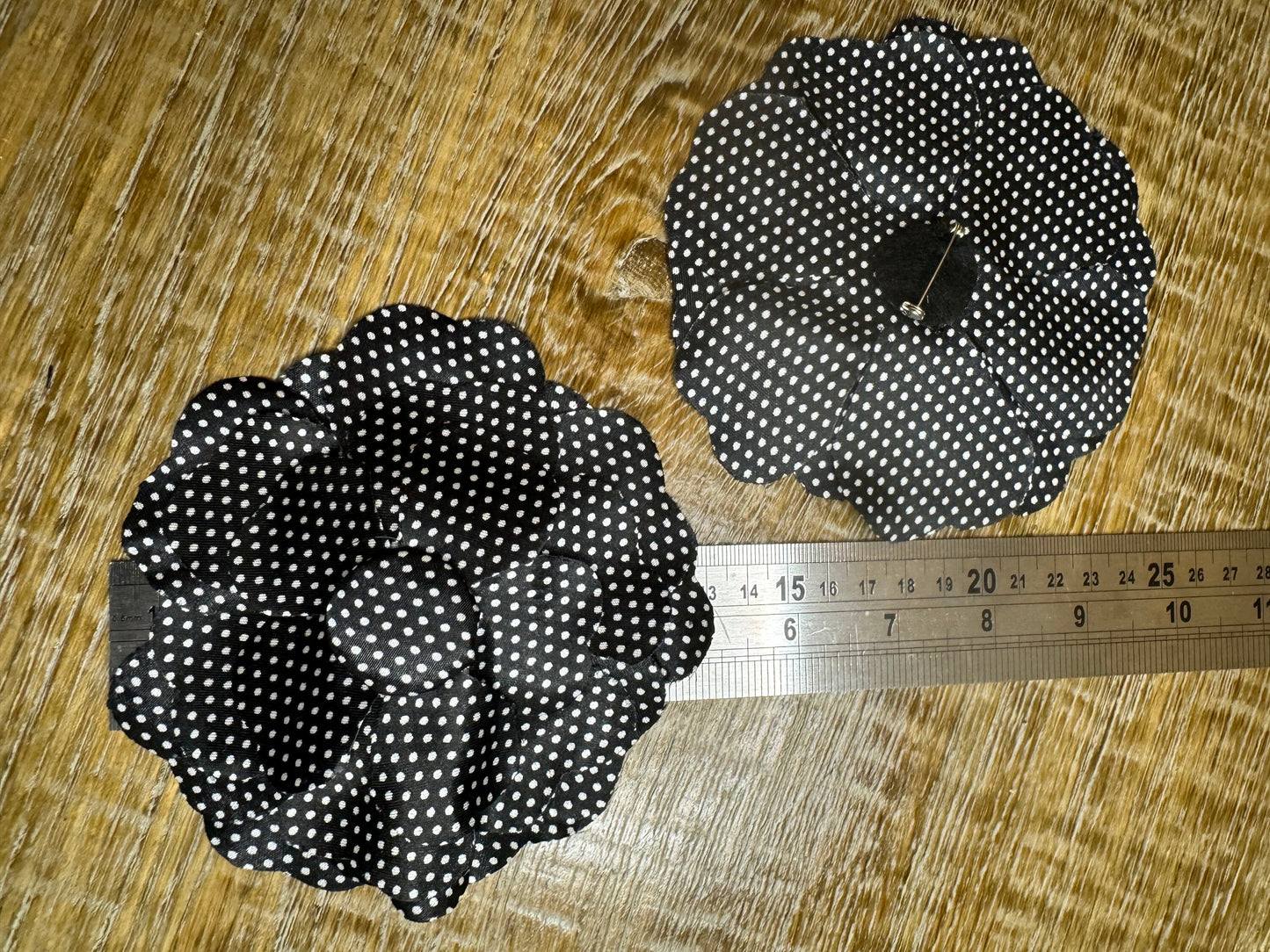 Corsage Flower, Pin on, Black White Spot, 5” Wide, Satin Fabric Pin on Corsage, Bridal, Clothing, Accessory, Fashion, Gift, FAN Design