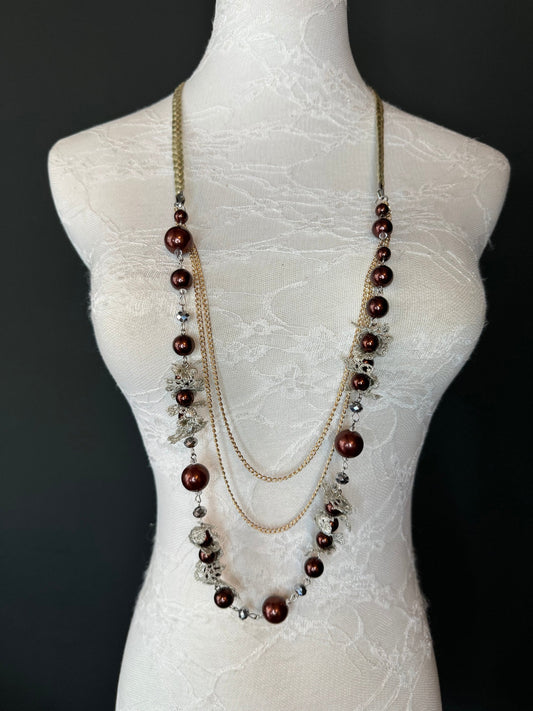 Beaded Lace Vintage Style Necklace, Necklace, Brown Beads, Gold Chain Necklace Quality, FAN Design, Accessory, Gift, Handmade, Elegant