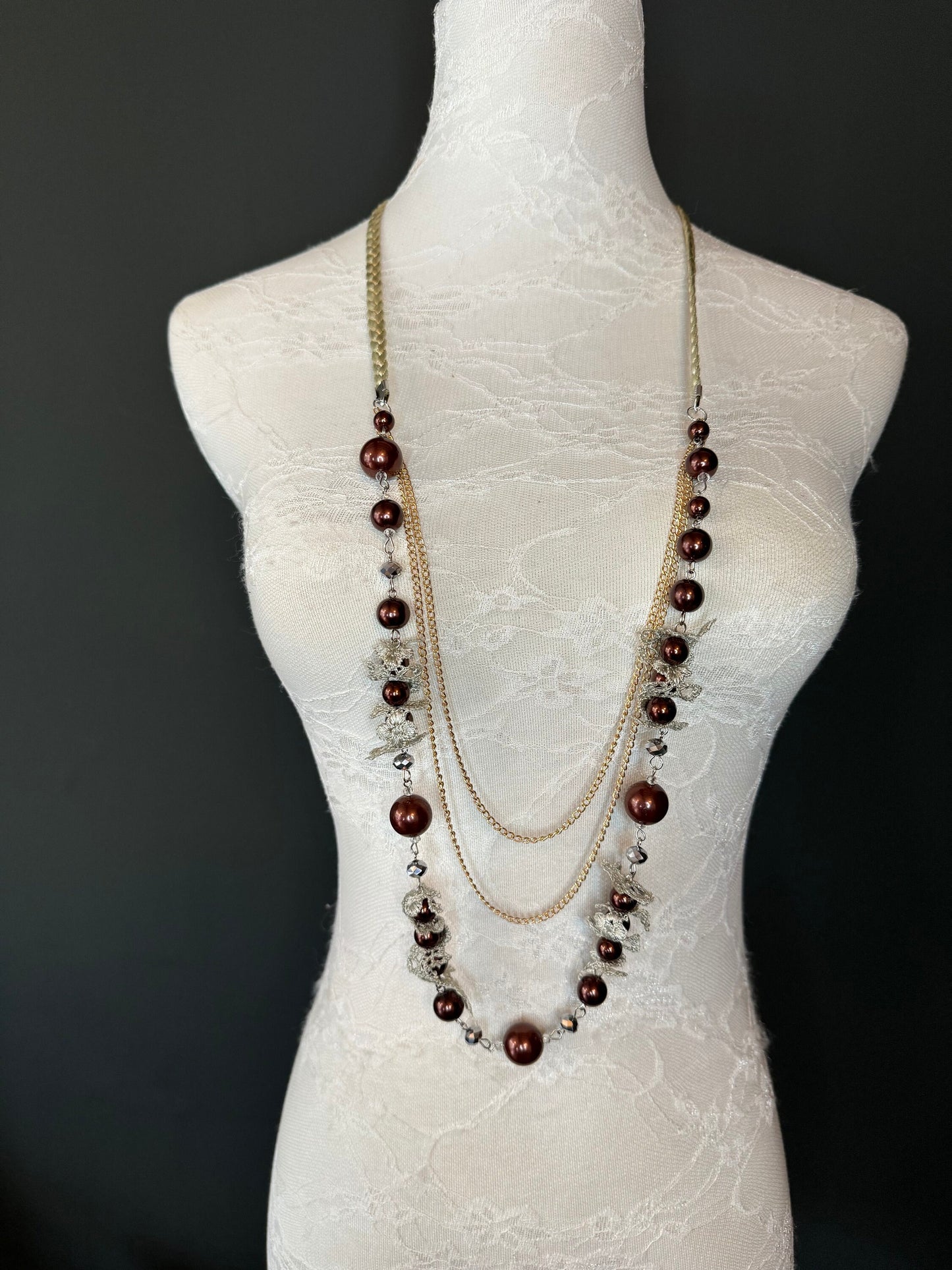 Beaded Lace Vintage Style Necklace, Necklace, Brown Beads, Gold Chain Necklace Quality, FAN Design, Accessory, Gift, Handmade, Elegant