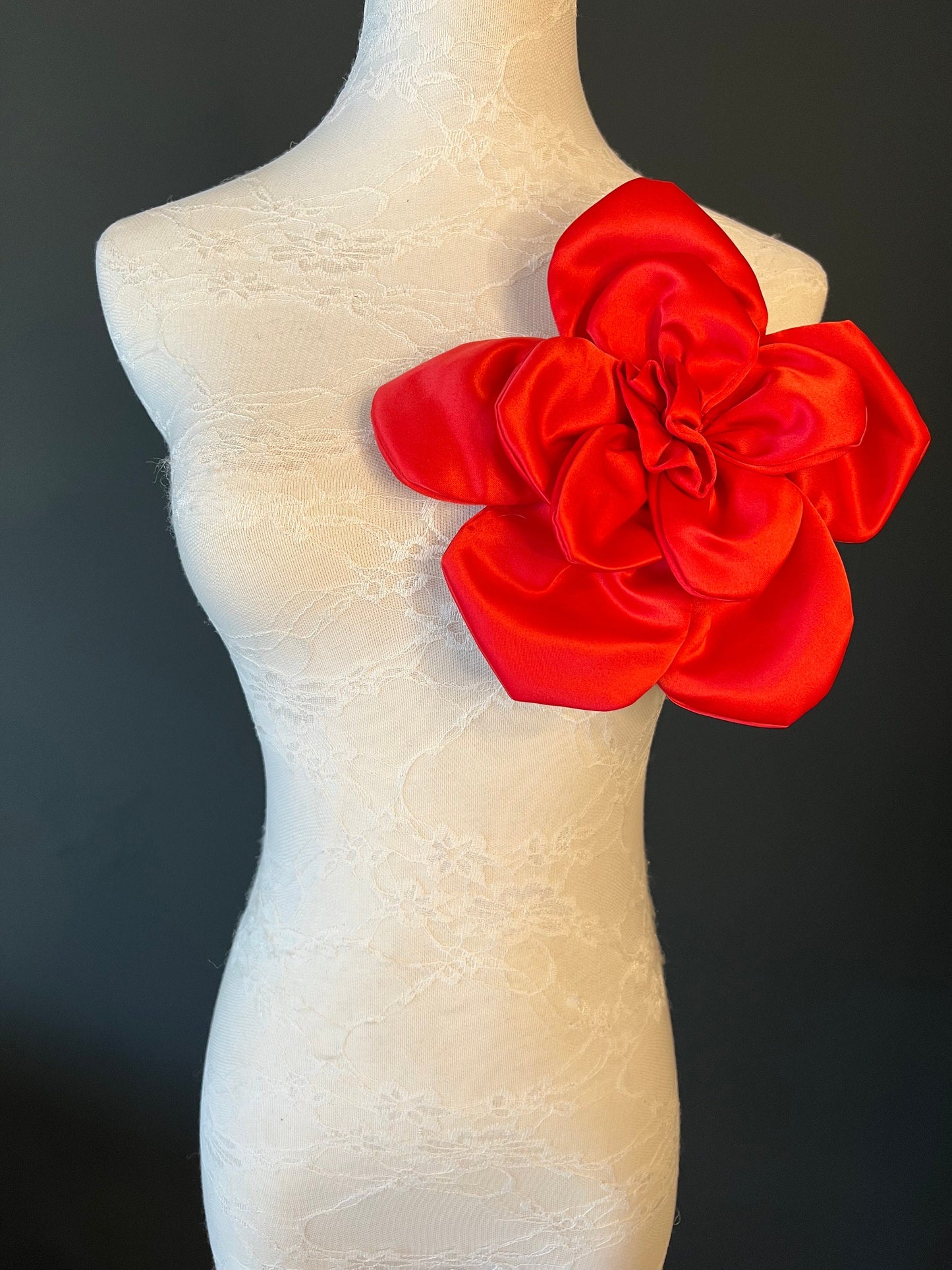 Large 3D Corsage Flower, Red, 9” Wide, 23cm, Hat Pin on Corsage, Bridal, Clothing, Dress, Hat, Accessory, FAN Design, Hair Pin Corsage