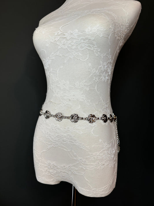 X-long Rose Design Belt, Metal Vintage Style Belt, Teen Sizes, UK Size 18”-60”, Fan Design, Fan Collection, Silver Metal Belt, Resortwear