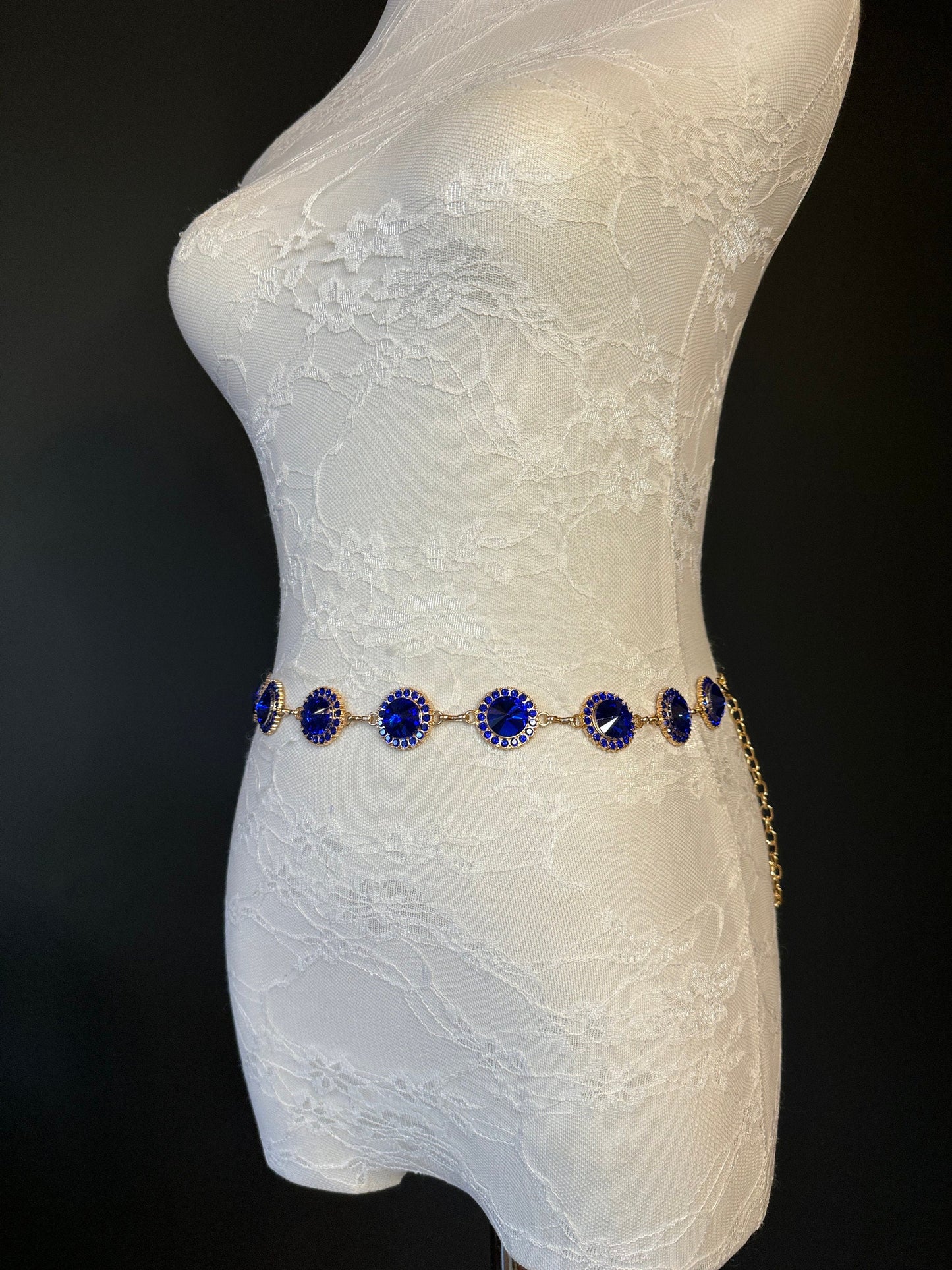 X-Long Belt, Royal Blue Rhinestone Belt, Gold Chain Belt, Vintage Style Belt, Diamante Belt, Fashion Belt, Elegant, Swimwear Belt