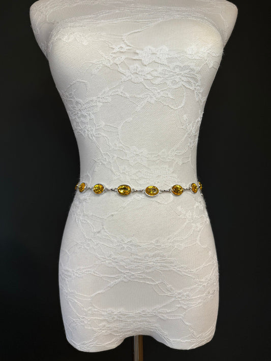 X-Long Belt, Yellow Jewel Rhinestone Belt, Silver Chain Belt, Vintage Style Belt, Diamante Belt, Fashion Belt, Elegant, Swimwear Belt
