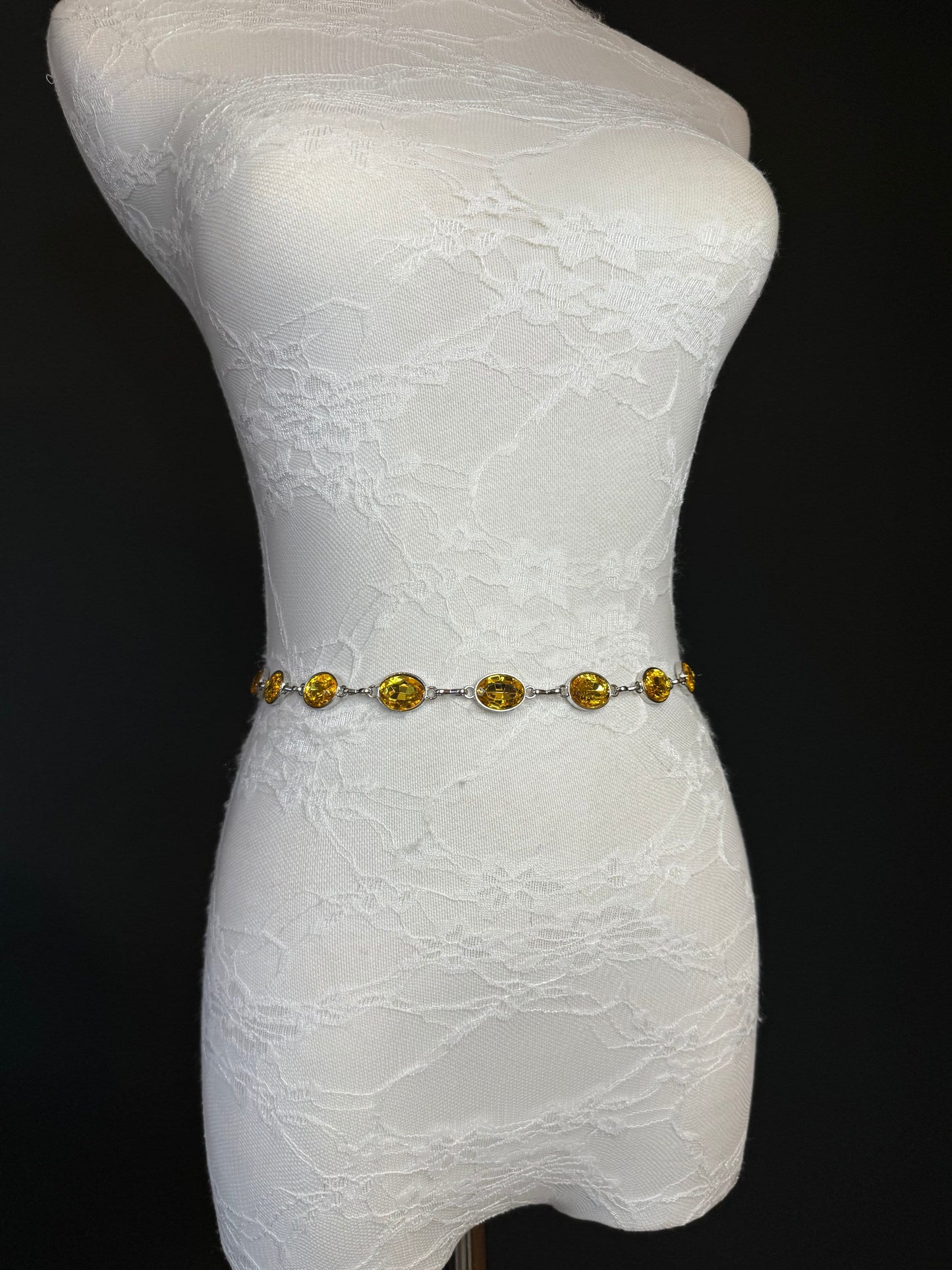 X-Long Belt, Yellow Jewel Rhinestone Belt, Silver Chain Belt, Vintage Style Belt, Diamante Belt, Fashion Belt, Elegant, Swimwear Belt