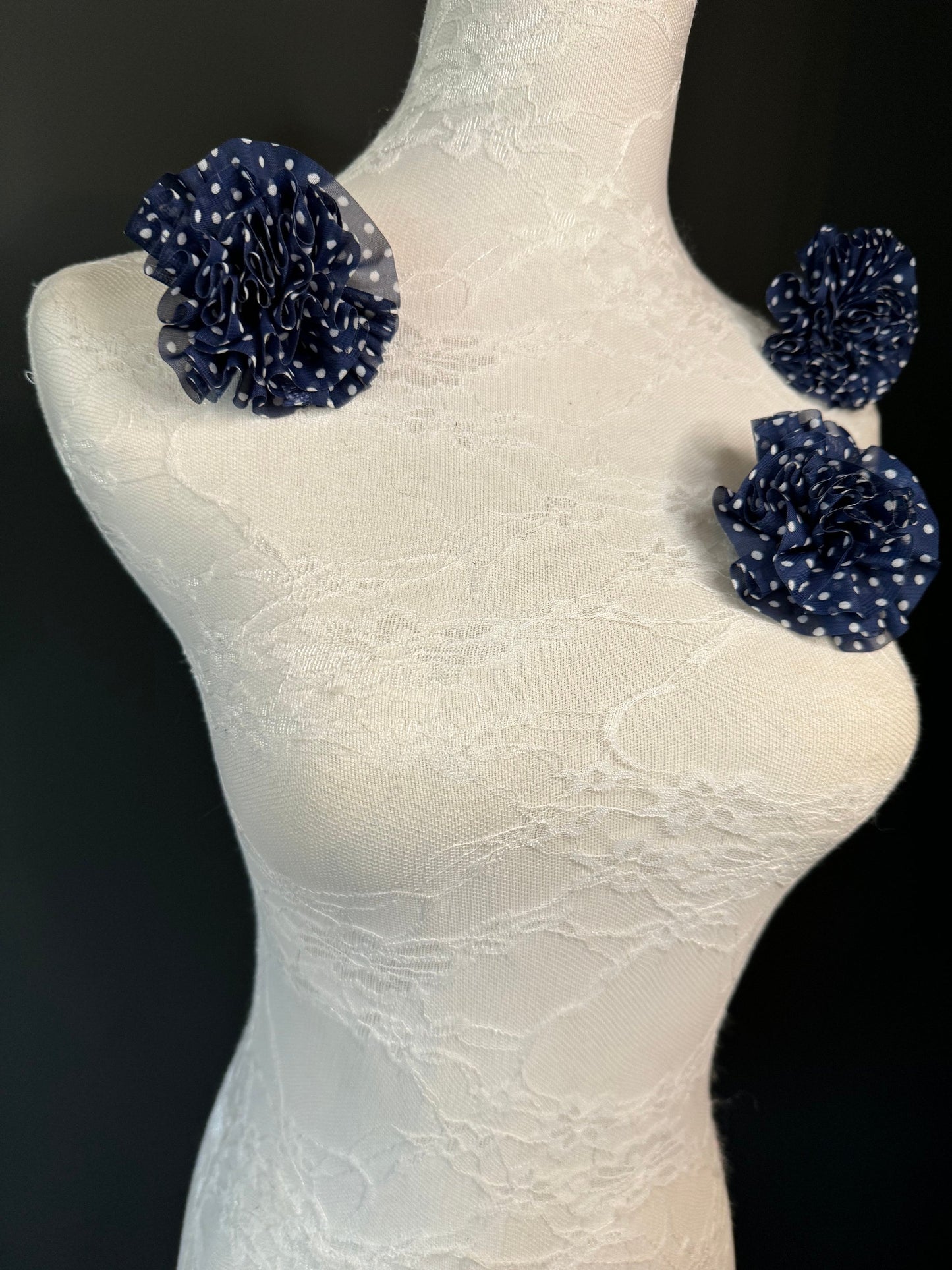 Corsage Flower, Pin on, Navy White Spots, 3.5” Wide, Fabric Pin on Corsage, Bridal, Clothing, Fashion, Accessory, Fashion, Gift, FAN Design