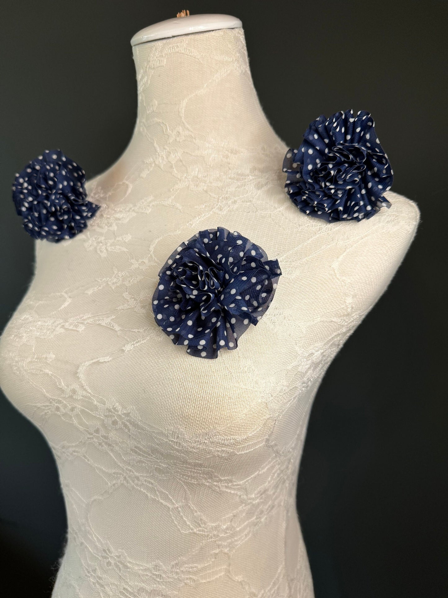 Corsage Flower, Pin on, Navy White Spots, 3.5” Wide, Fabric Pin on Corsage, Bridal, Clothing, Fashion, Accessory, Fashion, Gift, FAN Design