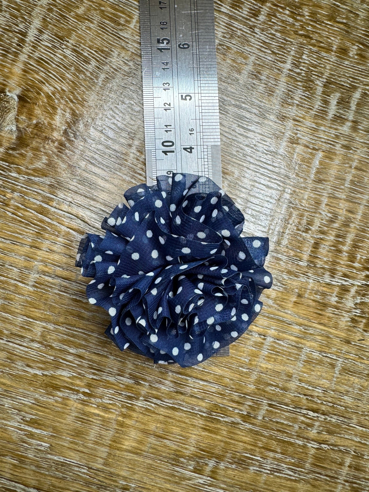 Corsage Flower, Pin on, Navy White Spots, 3.5” Wide, Fabric Pin on Corsage, Bridal, Clothing, Fashion, Accessory, Fashion, Gift, FAN Design