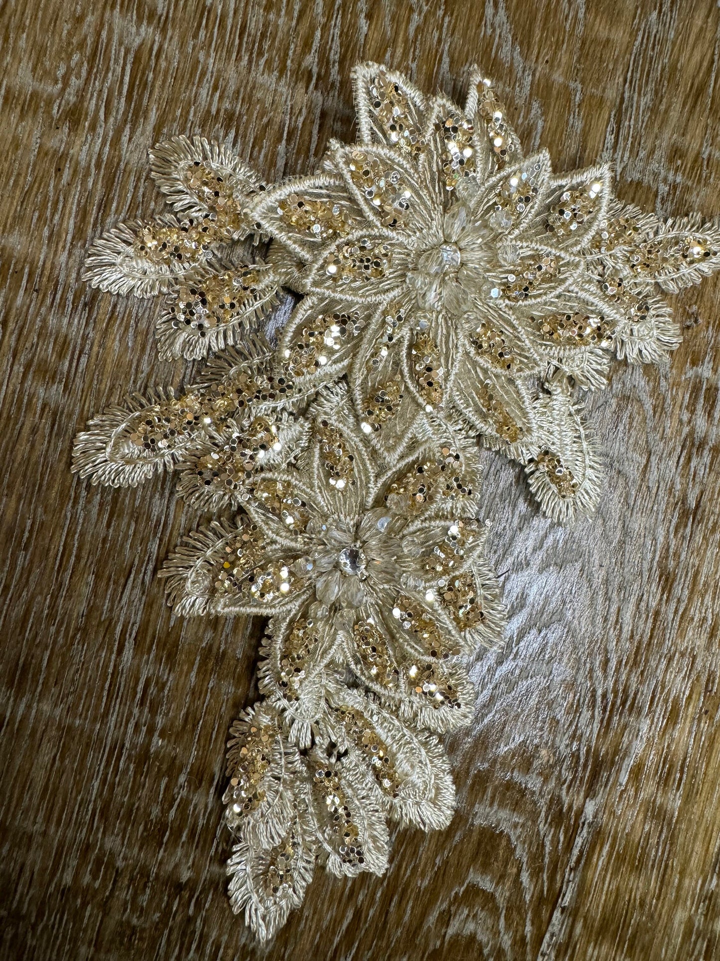 Gold Lurex Floral Flower, 6”x4”, Corsage, Sew on, Bridal, Clothing, Fashion, Hat, Accessory, Fashion, FAN Design, Sew on, Pin on Corsage