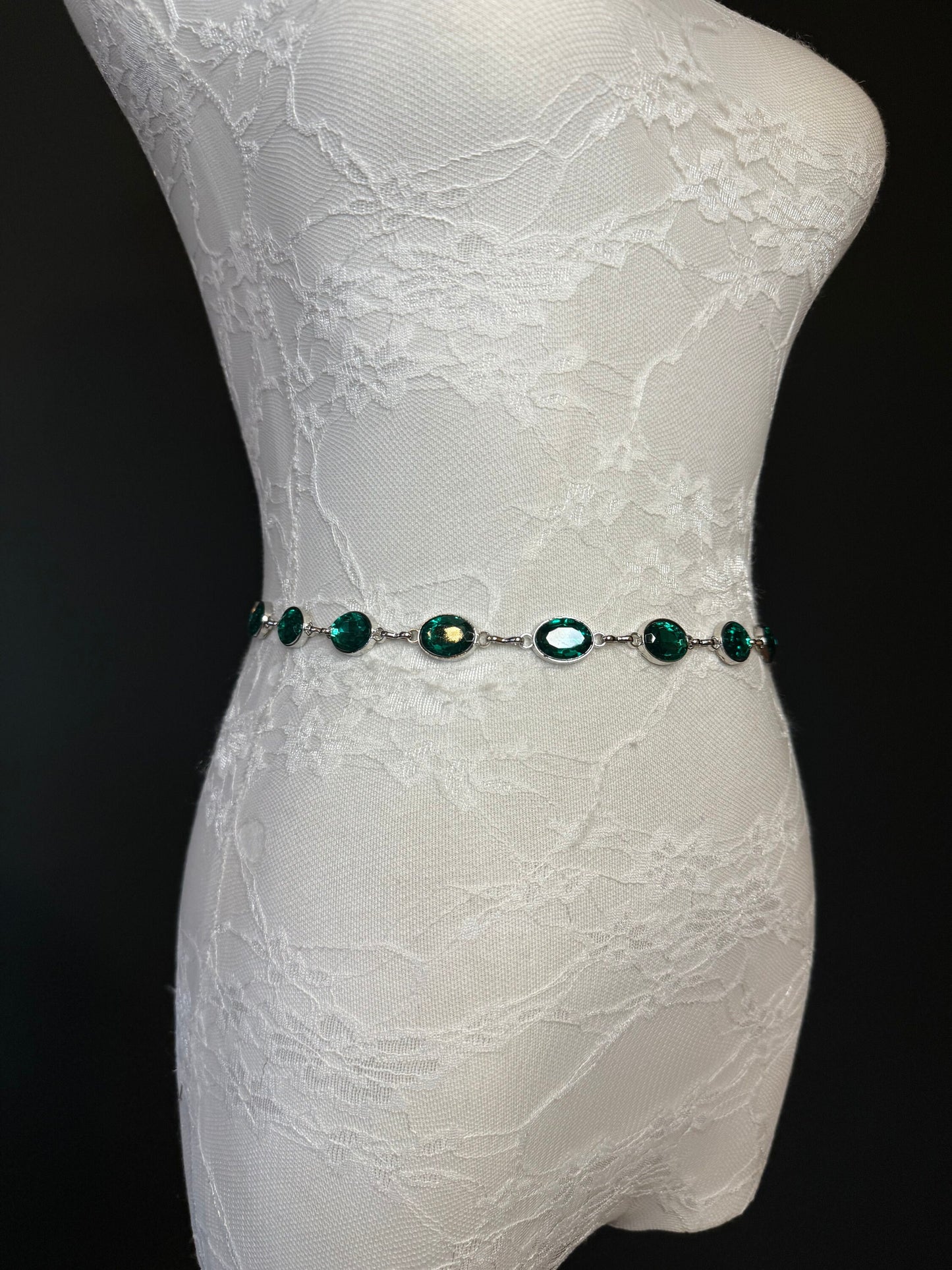 X-Long Belt, Emerald Green Jewel Rhinestone Belt, Silver Chain Belt, Vintage Style Belt, Diamante Belt, Fashion Belt, Elegant, Swimwear Belt