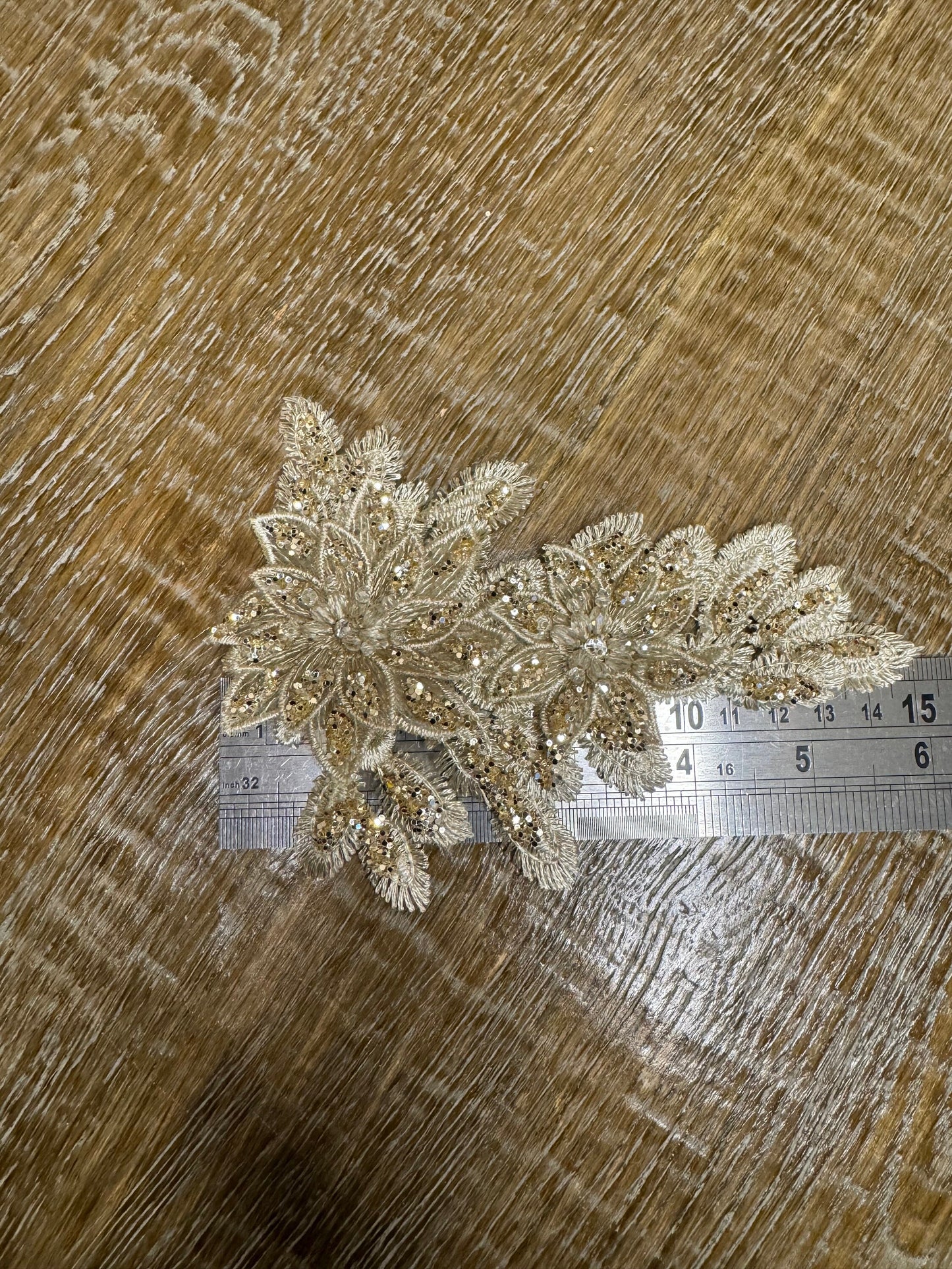 Gold Lurex Floral Flower, 6”x4”, Corsage, Sew on, Bridal, Clothing, Fashion, Hat, Accessory, Fashion, FAN Design, Sew on, Pin on Corsage