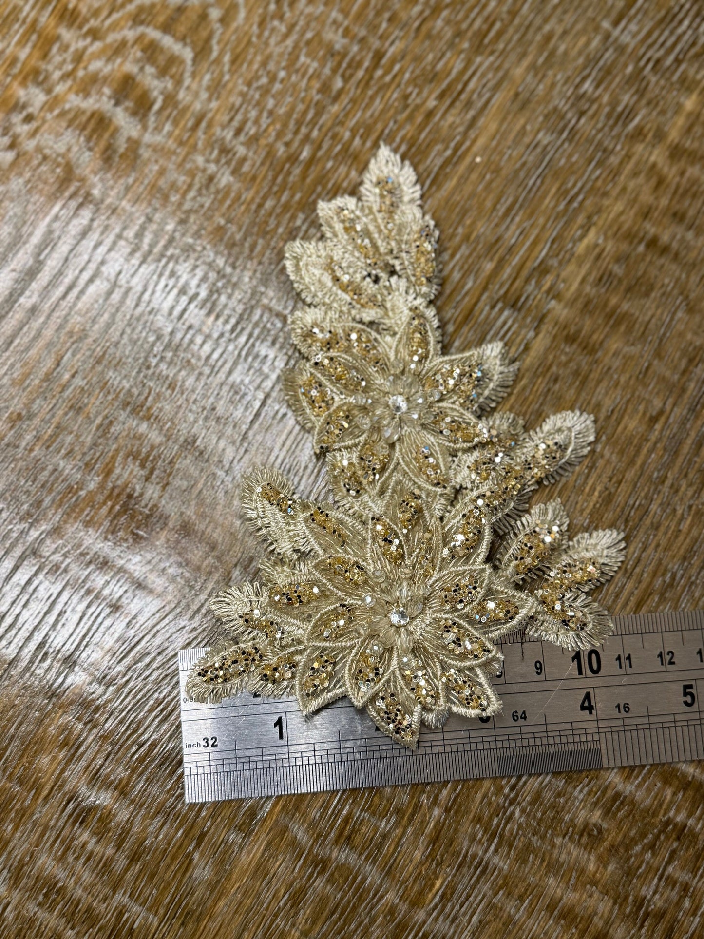 Gold Lurex Floral Flower, 6”x4”, Corsage, Sew on, Bridal, Clothing, Fashion, Hat, Accessory, Fashion, FAN Design, Sew on, Pin on Corsage