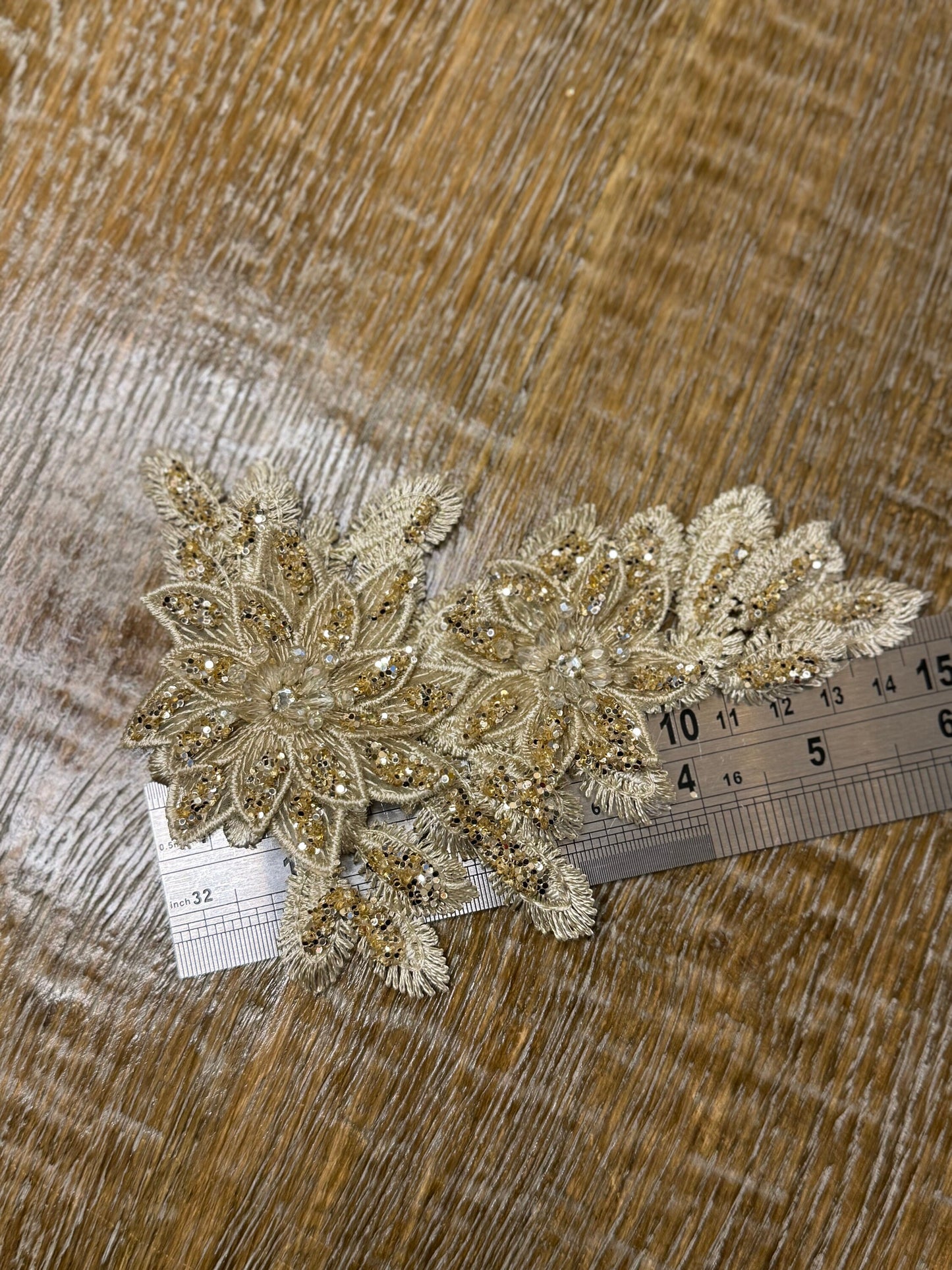 Gold Lurex Floral Flower, 6”x4”, Corsage, Sew on, Bridal, Clothing, Fashion, Hat, Accessory, Fashion, FAN Design, Sew on, Pin on Corsage