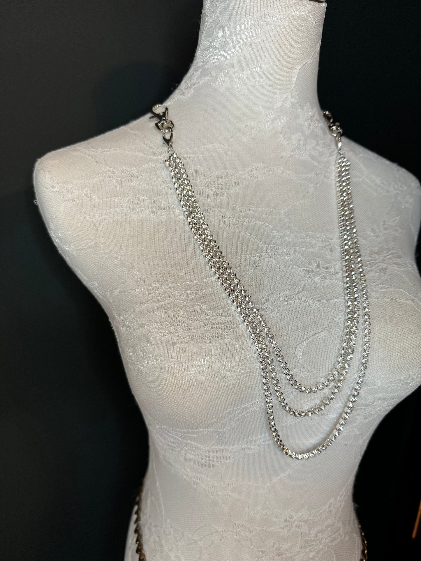 Rhinestone Necklace Chains, Street Fashion, Hip Hop, Silver, Diamanté 3 Row Jeans Chain, Gift, Teen Accessory, Bags, Jeans, Belts