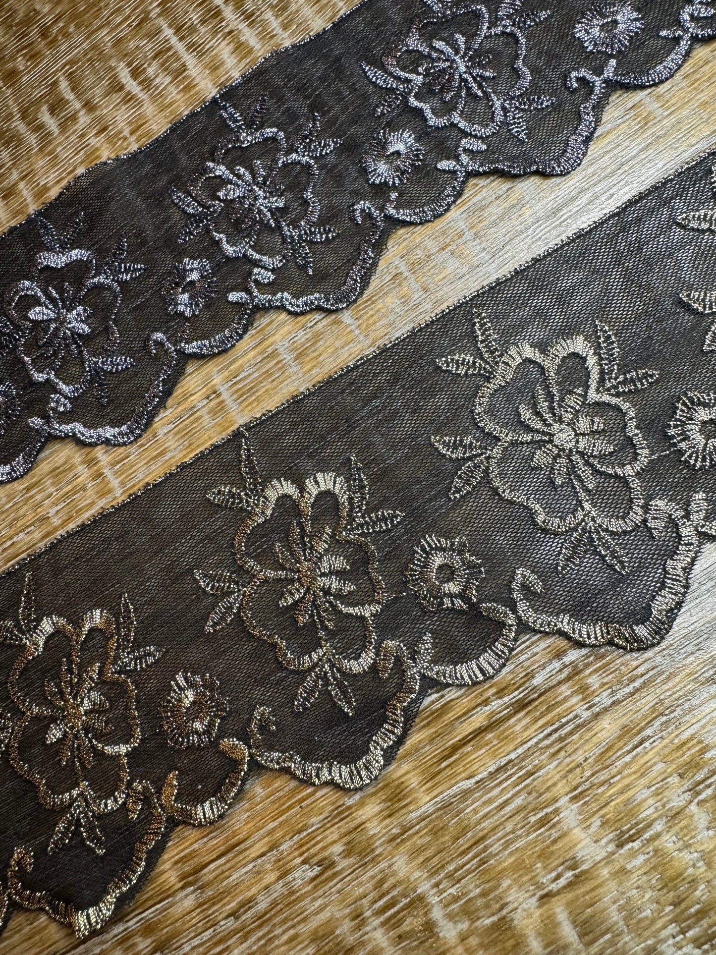 Black Lurex Lace Trim, Floral Embroidery, Silver & Gold Accents, 3.5" Wide