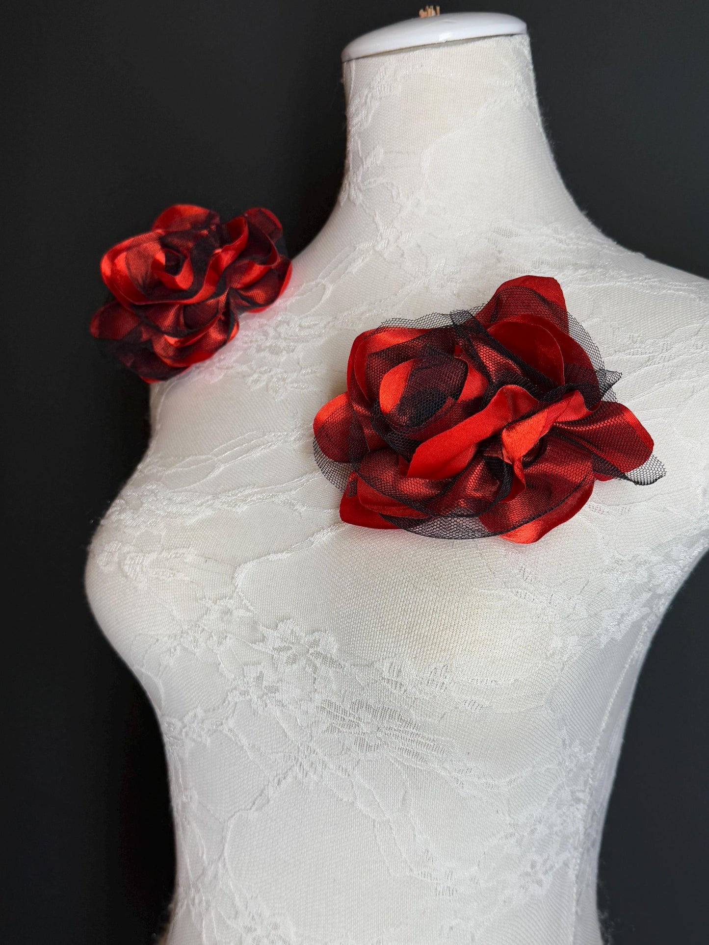 Large Corsage Flower, Black Red, Luxurious, 5” Wide, Large Pin on Corsage, Bridal, Clothing, Fashion, Hat, Accessory, Fashion, FAN Design
