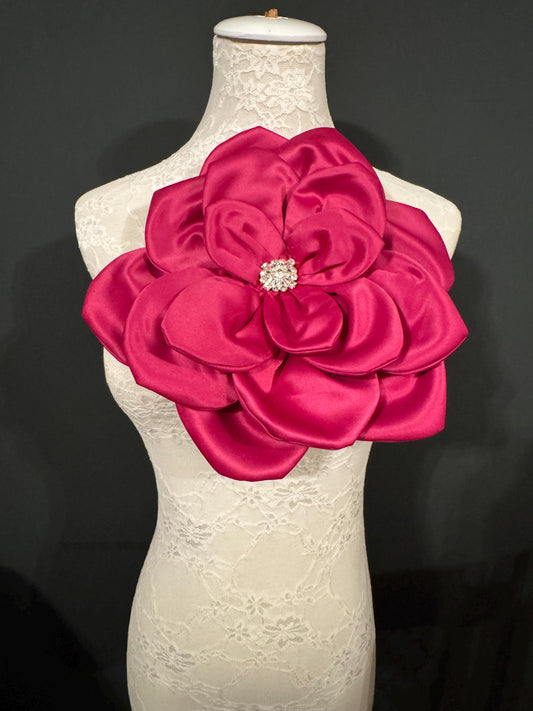 Oversized Fuchsia Corsage Flower, Handmade Satin Pin with Rhinestone 11"
