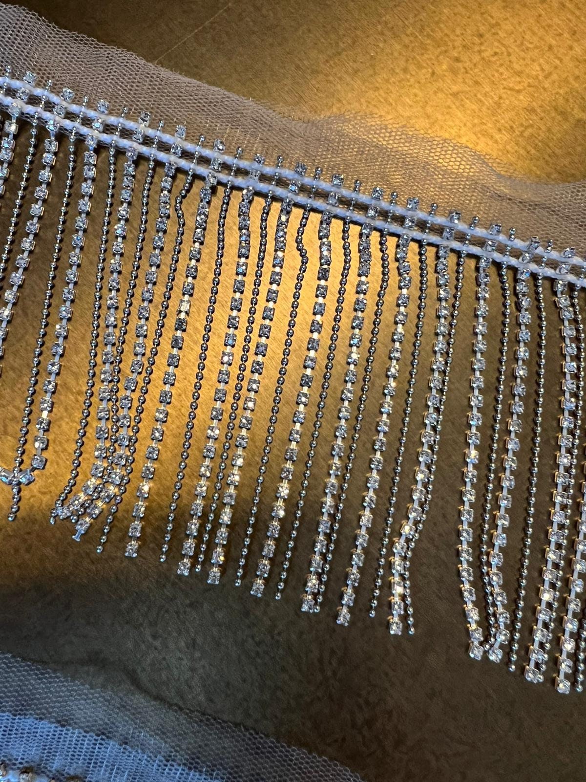 Diamanté Rhinestone Fringe Trim, Silver or Gold, 3.5” Wide