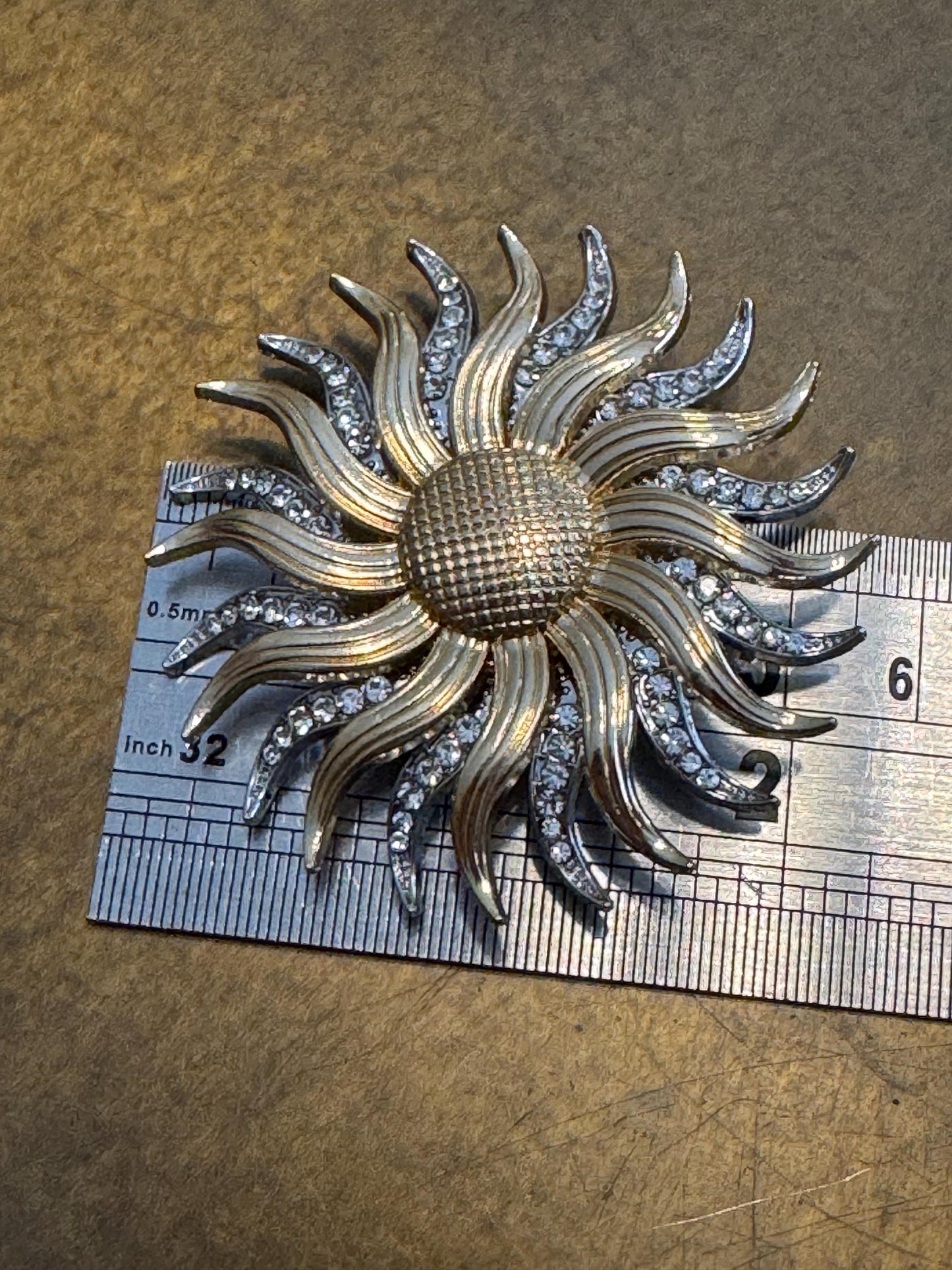 Rhinestone Brooch, Sun, Diamanté Brooch, Pin on, Jewel, Accessory, 2 1/4” Wide, Holiday, Beach, Gift, FAN Design, Brooches, Festival