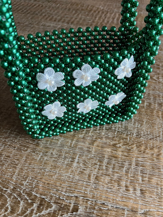 Handmade Green Beaded Handbag, Floral Detail