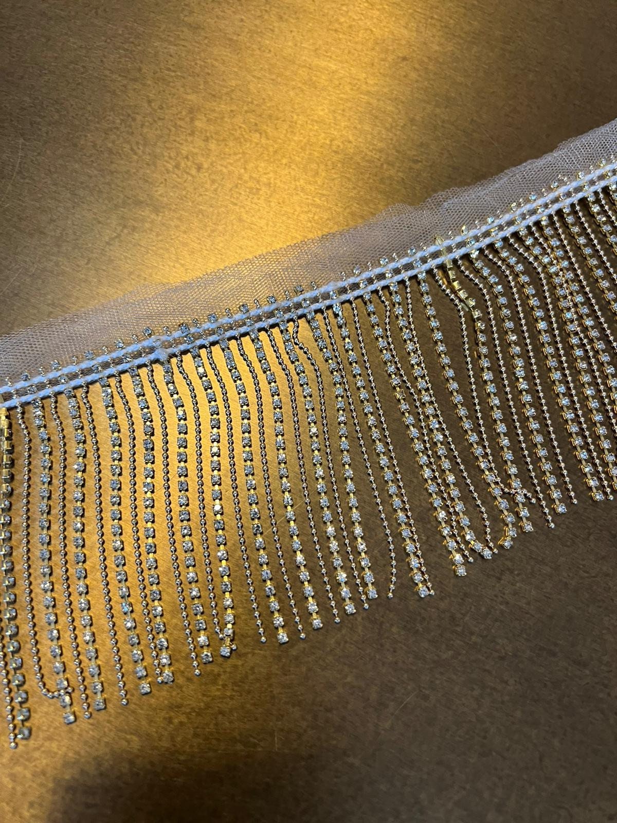 Diamanté Rhinestone Fringe Trim, Silver Gold Crystal Fashion Fringe (9cm Wide)