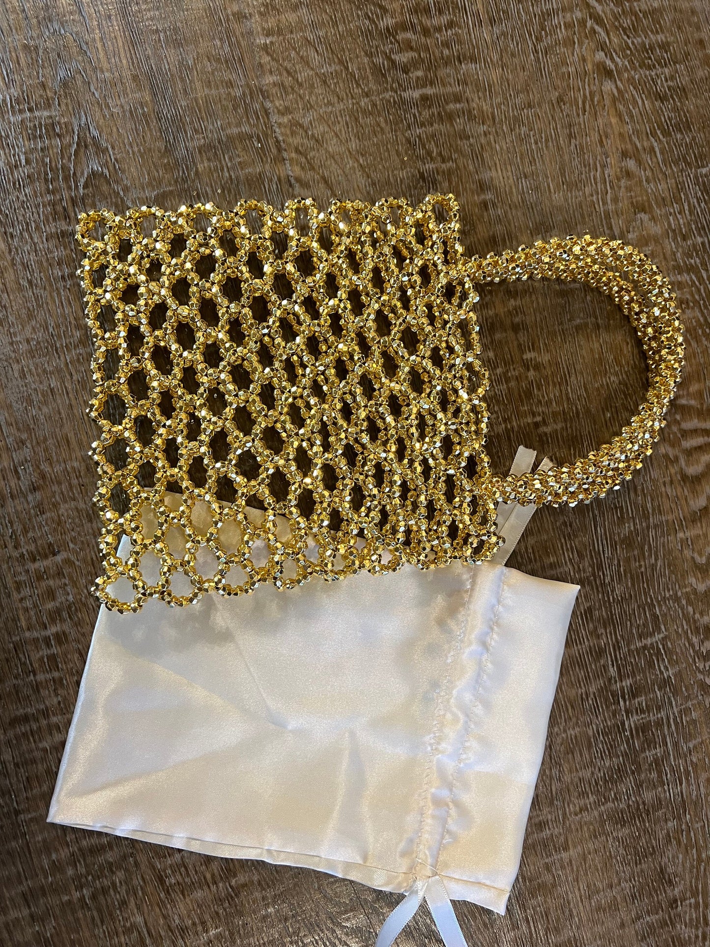 Handbag, Hand Beaded Bag, Silver Beads, Fan Accessory Collection, Gold, Silver