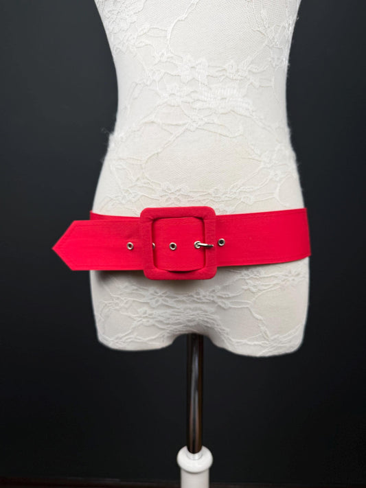 Belt, Red Fabric Covered Belt, 2” Wide, Square Buckle, Fashionable Belt, UK Size 8-12, 38” Long, Wide Belt