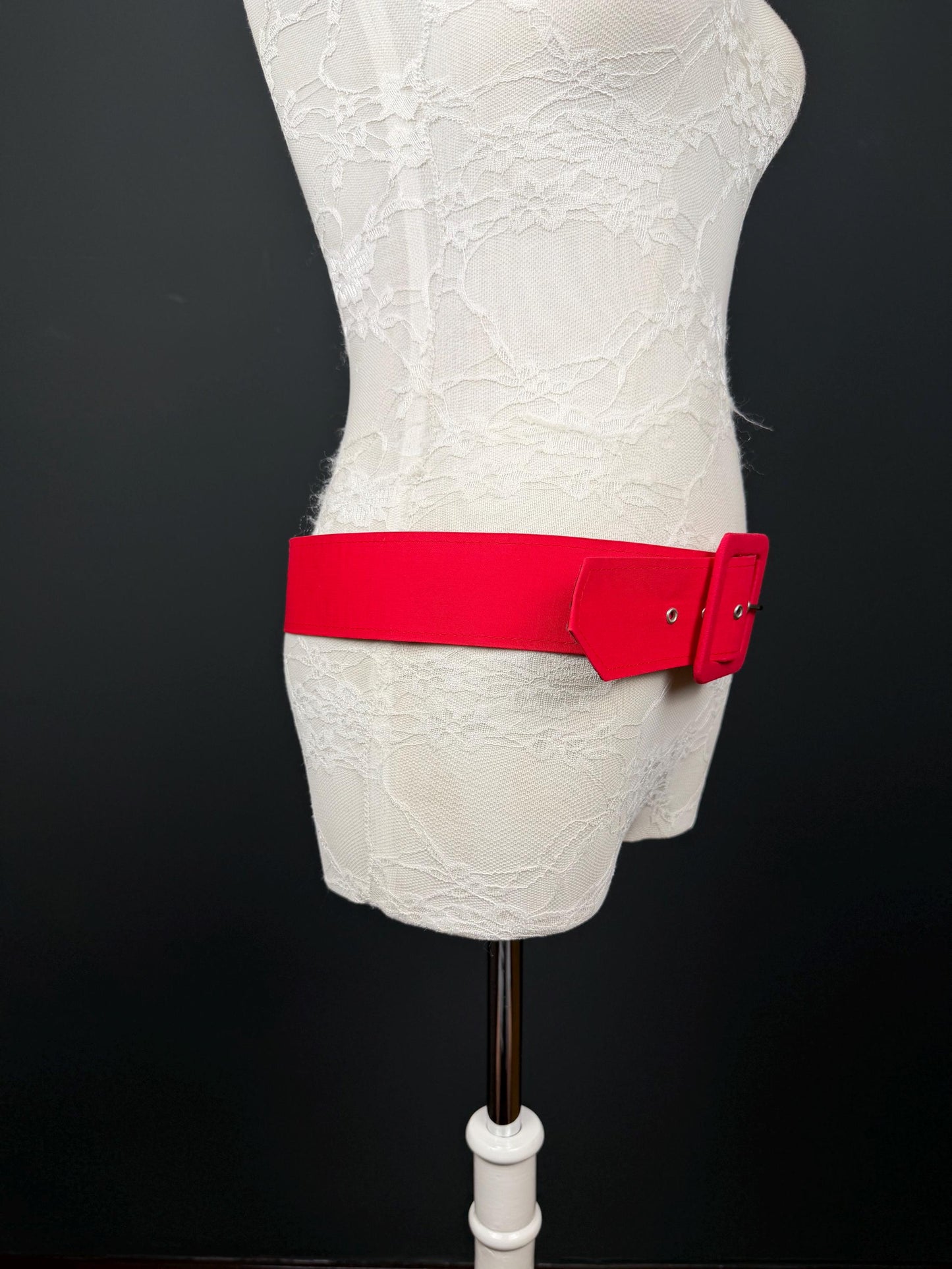 Belt, Red Fabric Covered Belt, 2” Wide, Square Buckle, Fashionable Belt, UK Size 8-12, 38” Long, Wide Belt
