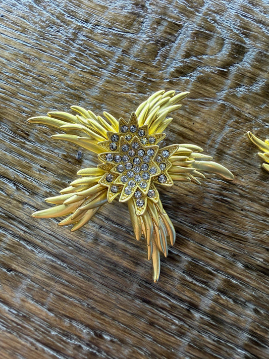 Handmade Gold Floral Rhinestone Brooch, Diamanté Jewel