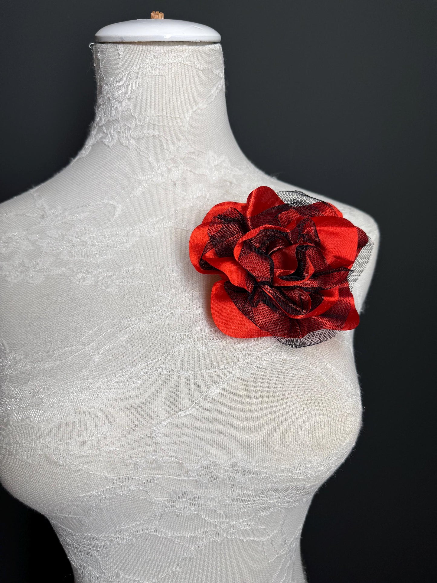 Red Satin Corsage with Black Mesh, Pin-On Flower Accessory