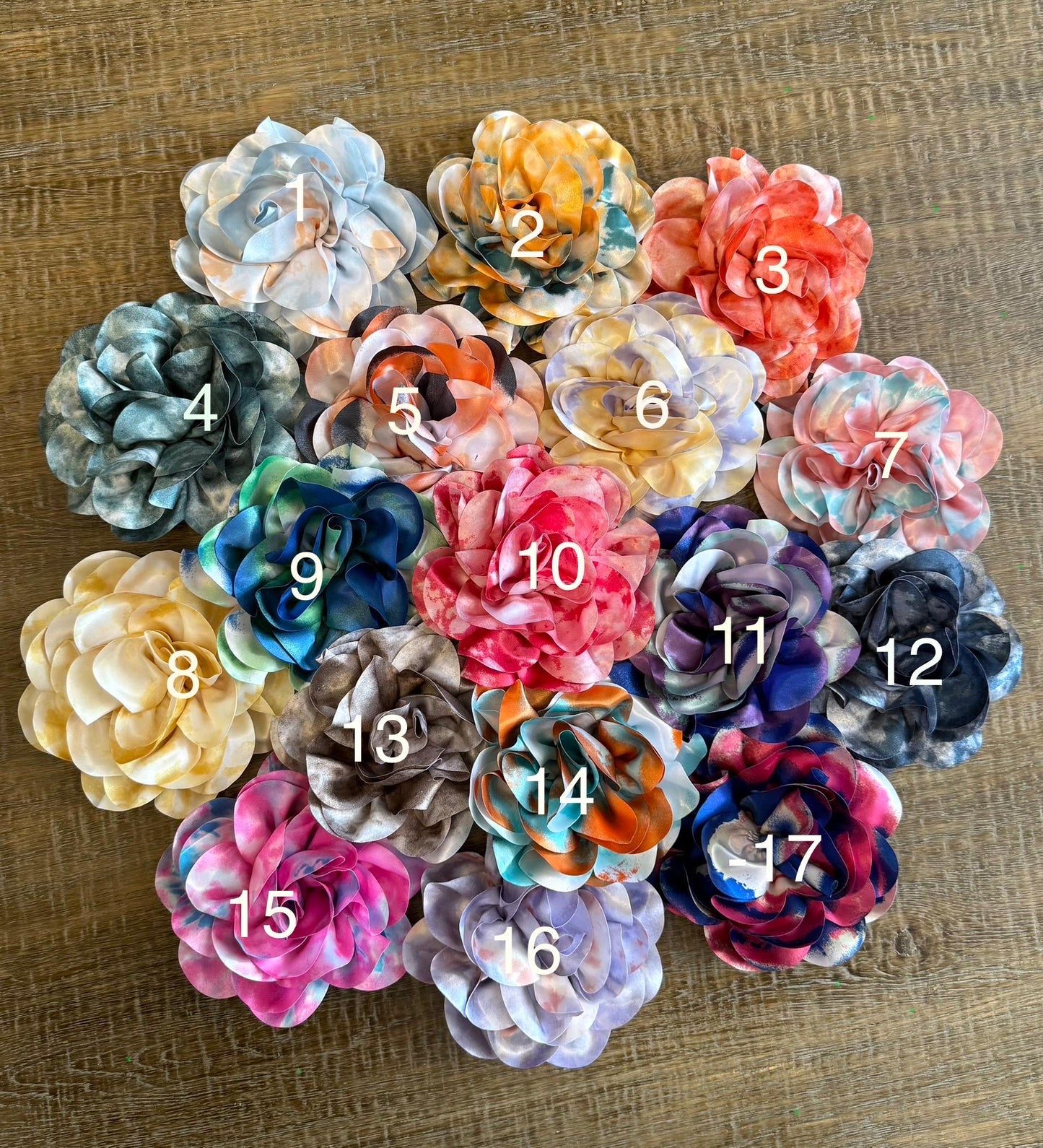 Large 3D Corsage Flower, Satin Fabric, 8” Wide, Pin on Corsage, Bridal, Clothing, Dress, Hat, Wedding, Race Day, 17 Mixed Colours