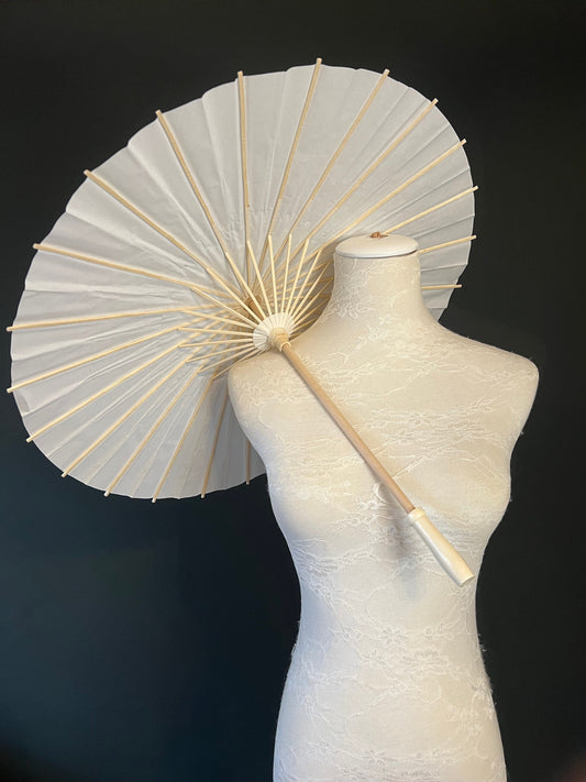 Ivory Paper Parasol Umbrella, 60cm Diameter, Handmade Sun Protection, Wood Handle