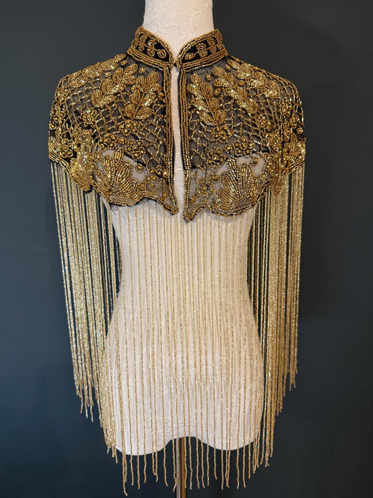 Beaded Fringe Cape Shawl – Handmade Gold or Silver Embellished Evening Wrap