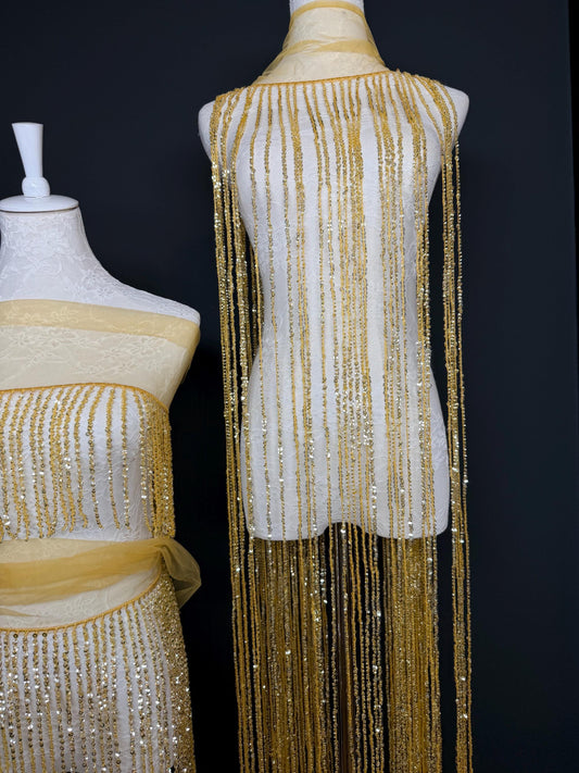 Gold Beaded Fringe, 3 sizes, 4 colours, 52”, 12”, 6”, Black, White, Champagne