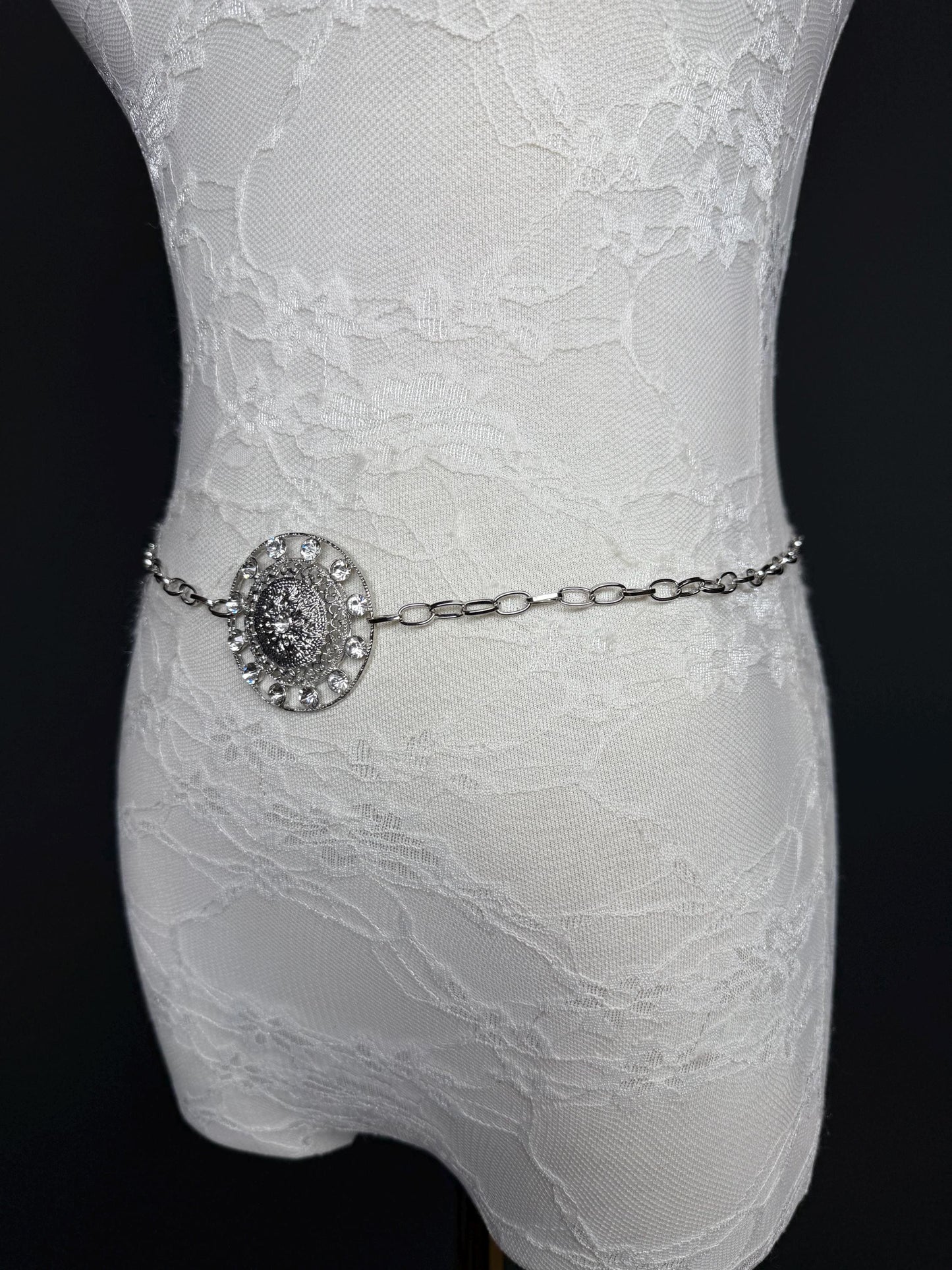 Rhinestone Silver Ring Chain Belt, Handmade to Measure 18–60 Inch Waist