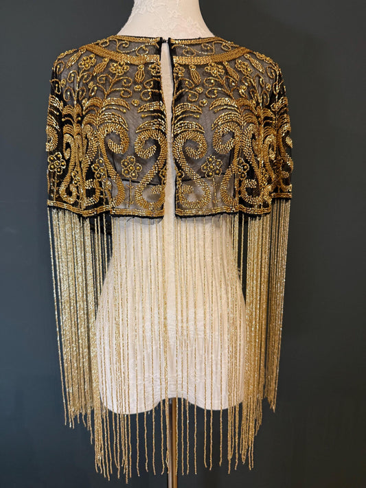 Beaded Fringe Cape Shawl – Handmade Gold or Silver Embellished Evening Wrap