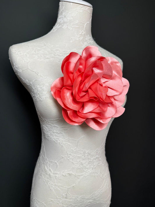 Large 3D Corsage Flower, Luxurious Satin Fabric, 12 Colours, 20cm, 8” Wide, Pin on, Bridal, Dress, Hair, Wedding, Race Day, Coral Pink