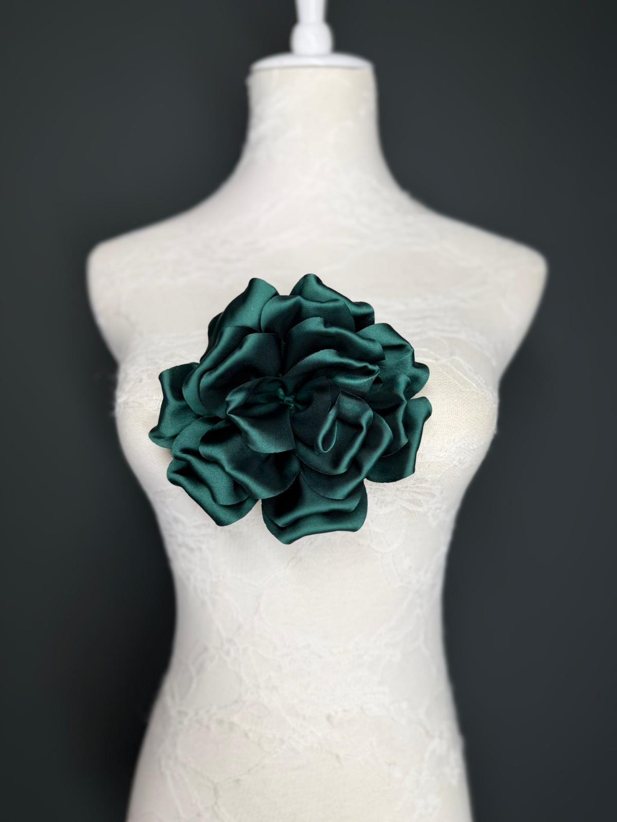 Black Handmade Satin Corsage Flower, Pin-On Brooch (6" Wide)
