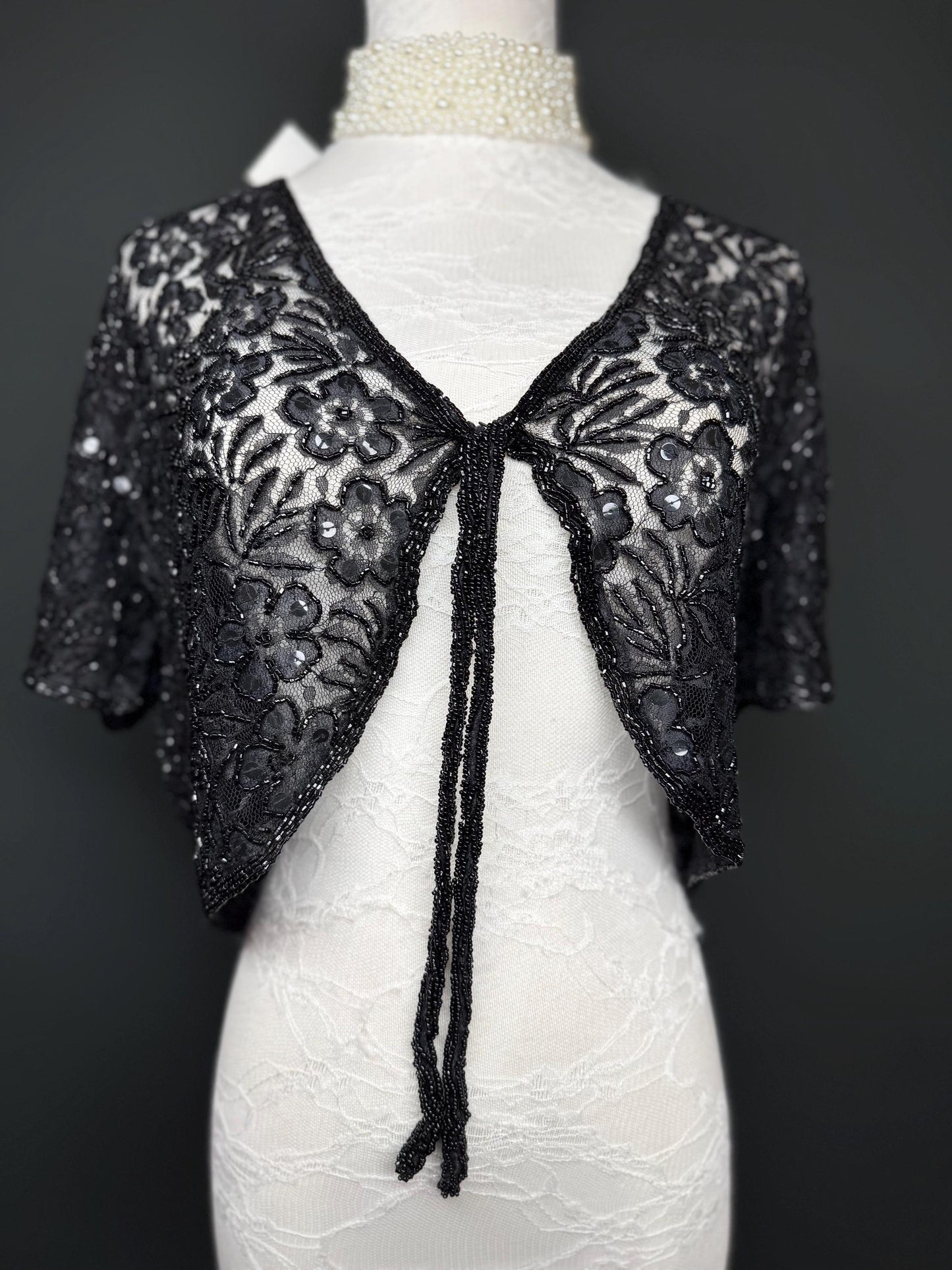 Beaded Shrug, Black Beaded Shrug, Sequin Beaded Shrug, Heavily Beaded, Black, Elegant, Gift, Small, Medium, Large, X-Large, Short Sleeve