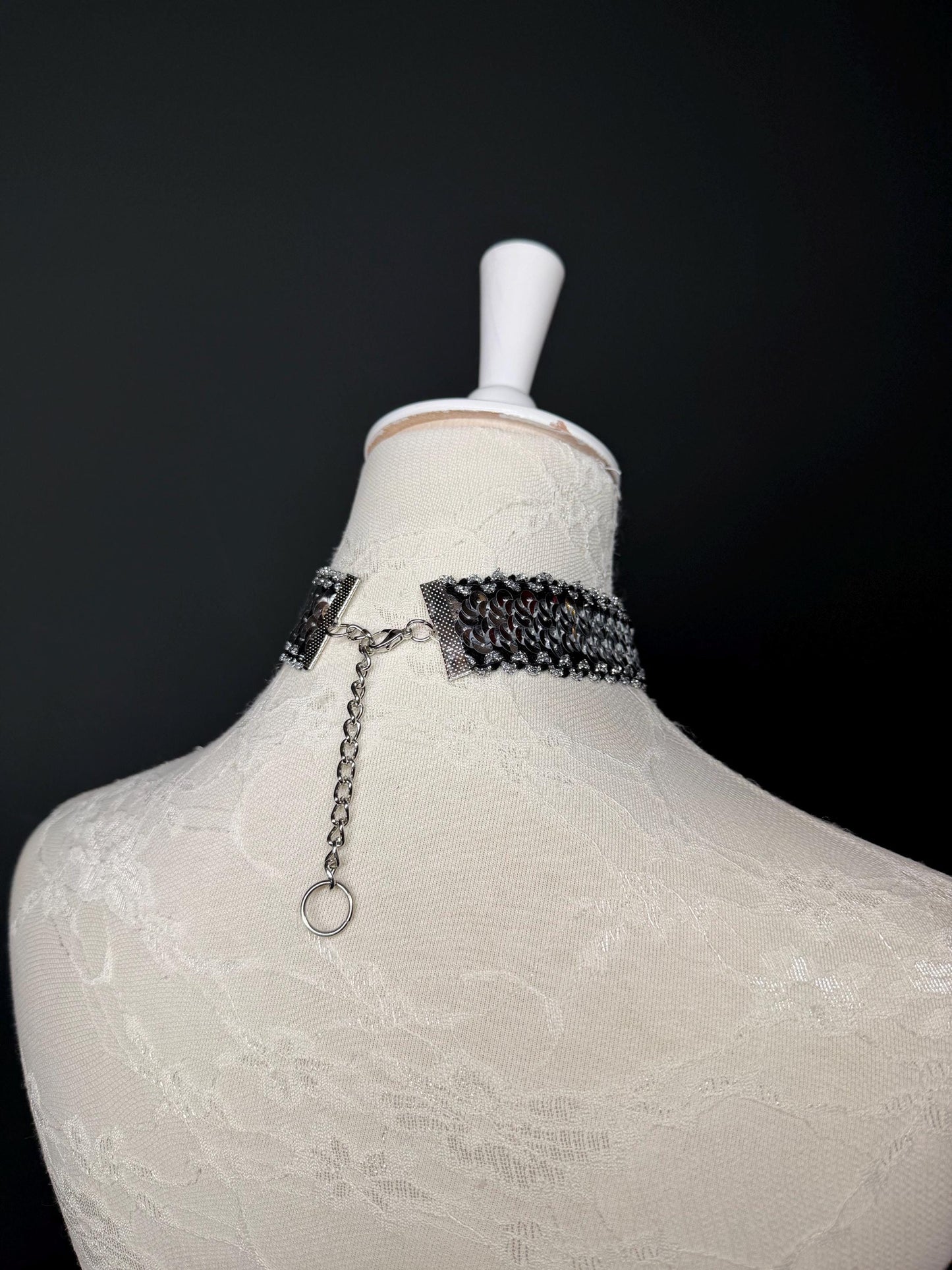 Sequins Choker, Silver & Black, Handmade Necklace