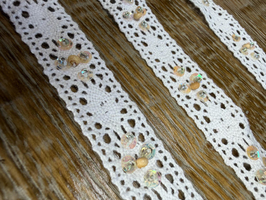 Vintage Style Cotton Lace Trim, 19mm Wide, 3/4” Wide, White Lace, Cotton Lace with sequins, beads